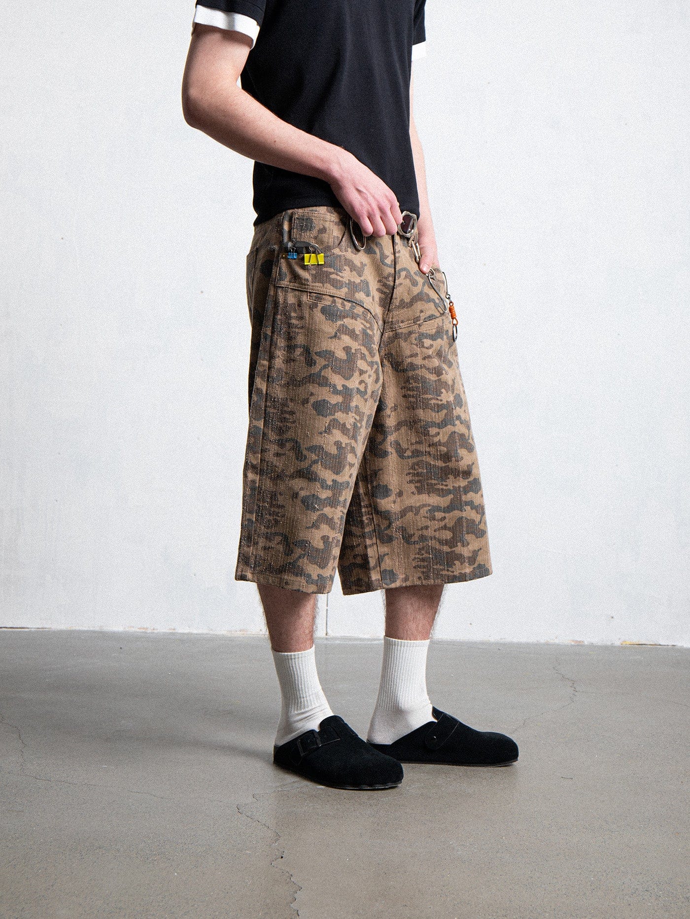 LEONSENSE Deconstructed Camo Cargo Shorts, premium urban and streetwear designers apparel on PROJECTISR.com, LEONSENSE