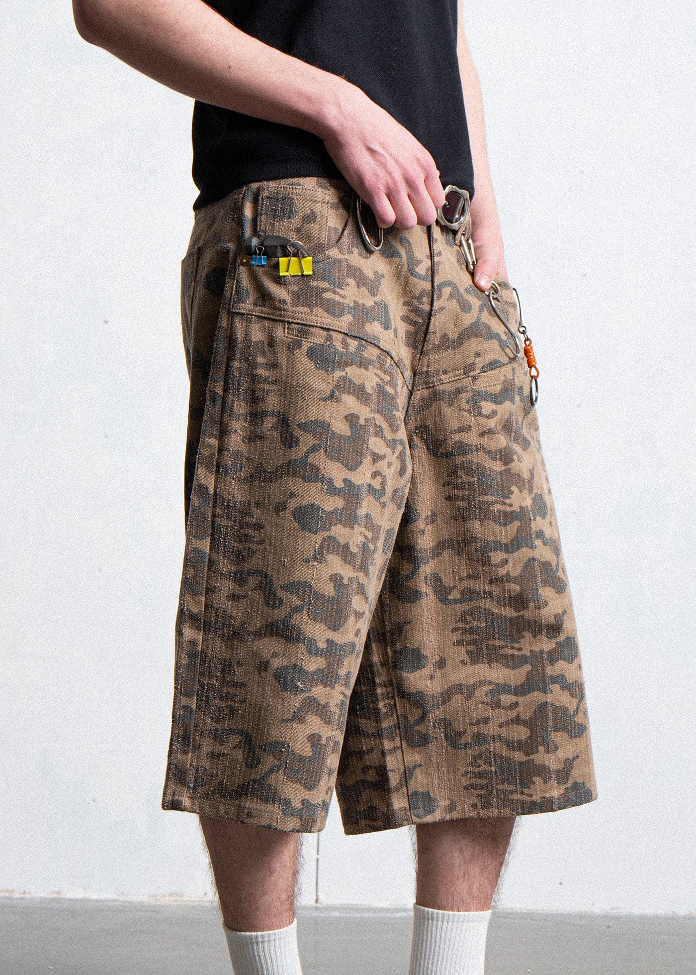 LEONSENSE Deconstructed Camo Cargo Shorts, premium urban and streetwear designers apparel on PROJECTISR.com, LEONSENSE