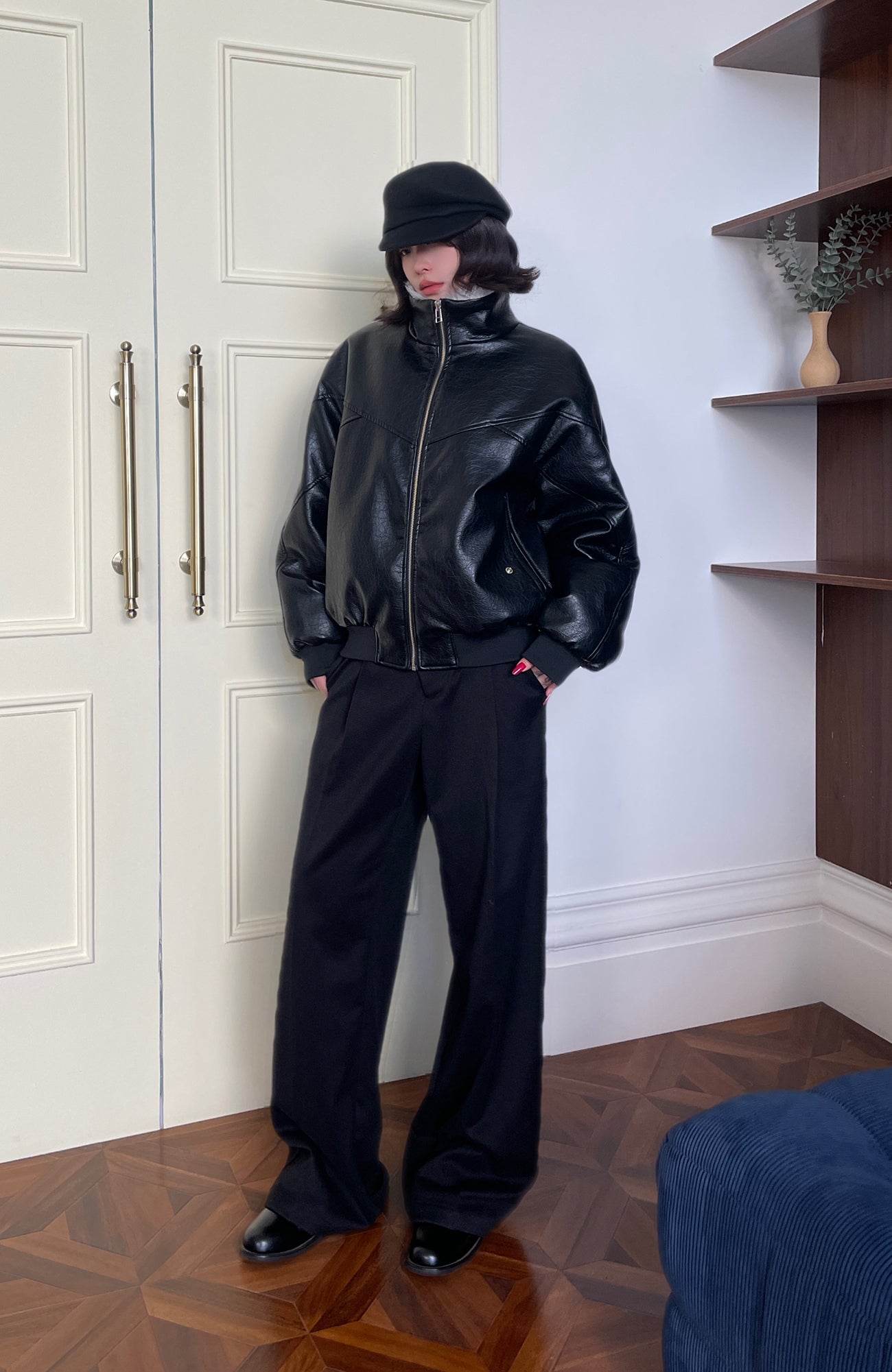 OKAYTHXBYE Faux Leather Fur-Lined Bomber