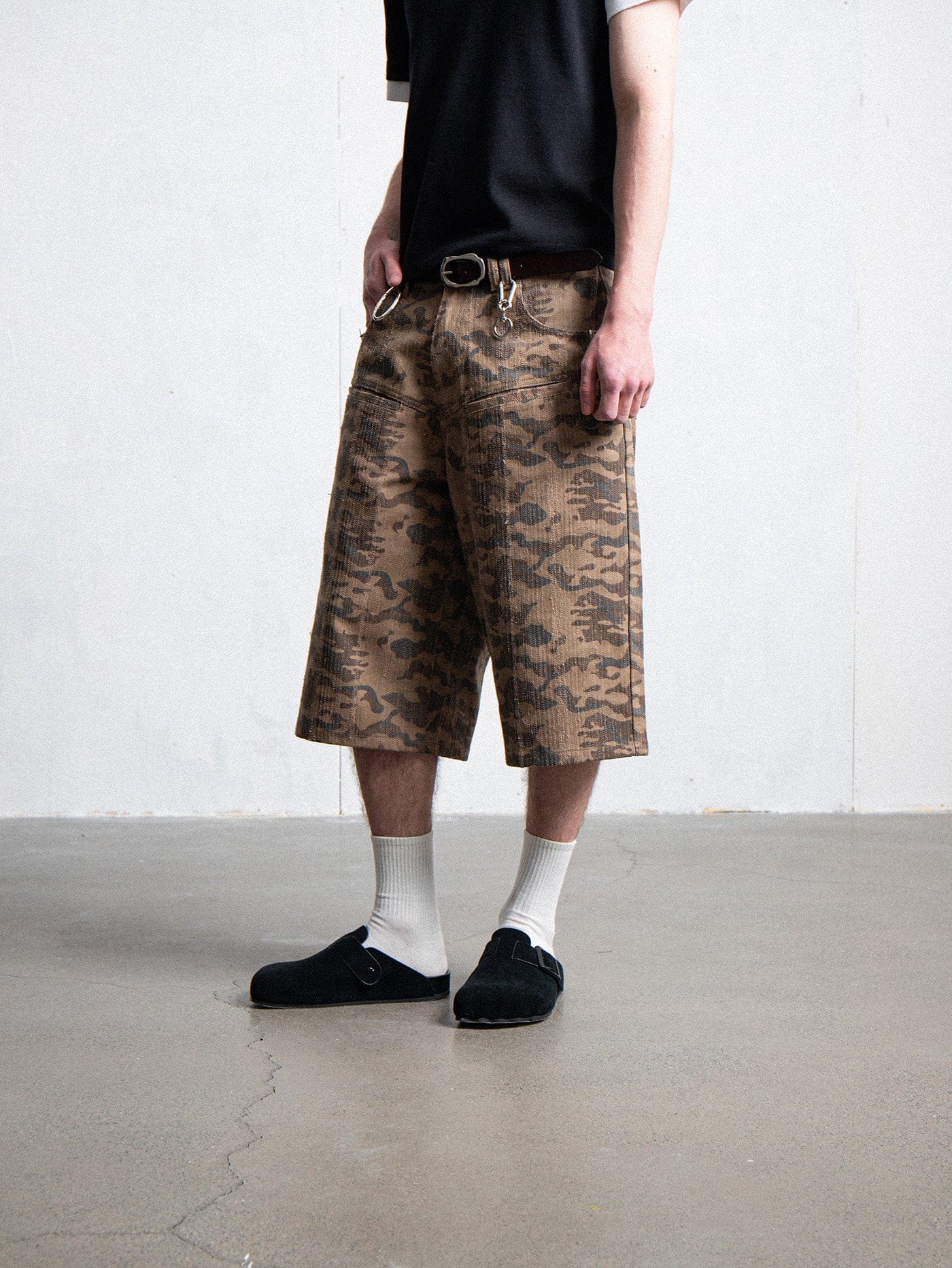 LEONSENSE Deconstructed Camo Cargo Shorts, premium urban and streetwear designers apparel on PROJECTISR.com, LEONSENSE