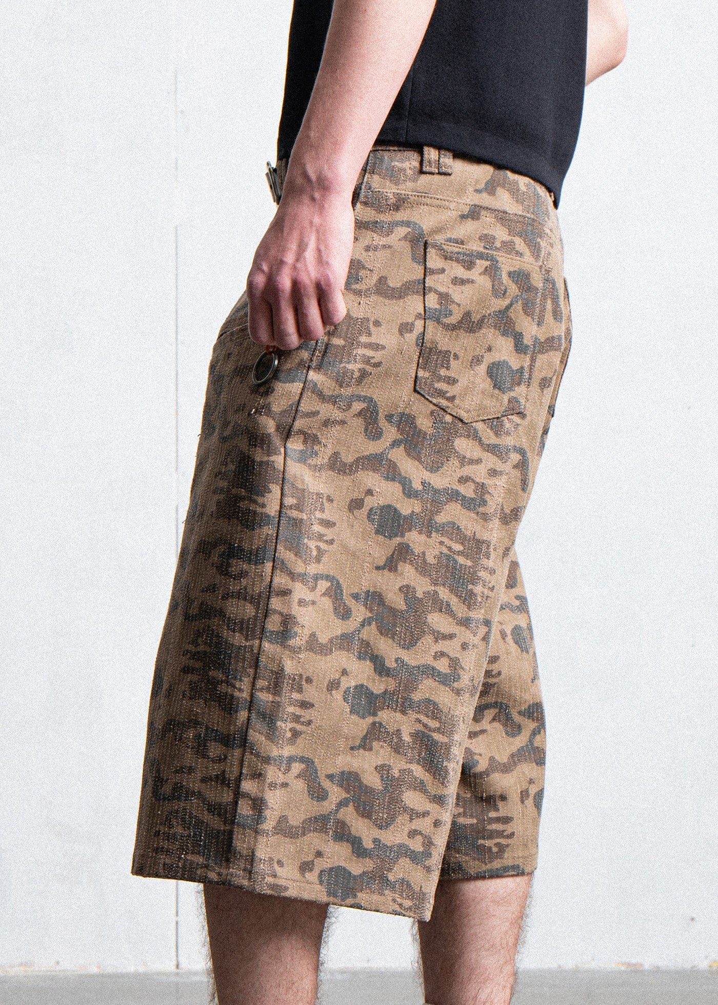 LEONSENSE Deconstructed Camo Cargo Shorts, premium urban and streetwear designers apparel on PROJECTISR.com, LEONSENSE