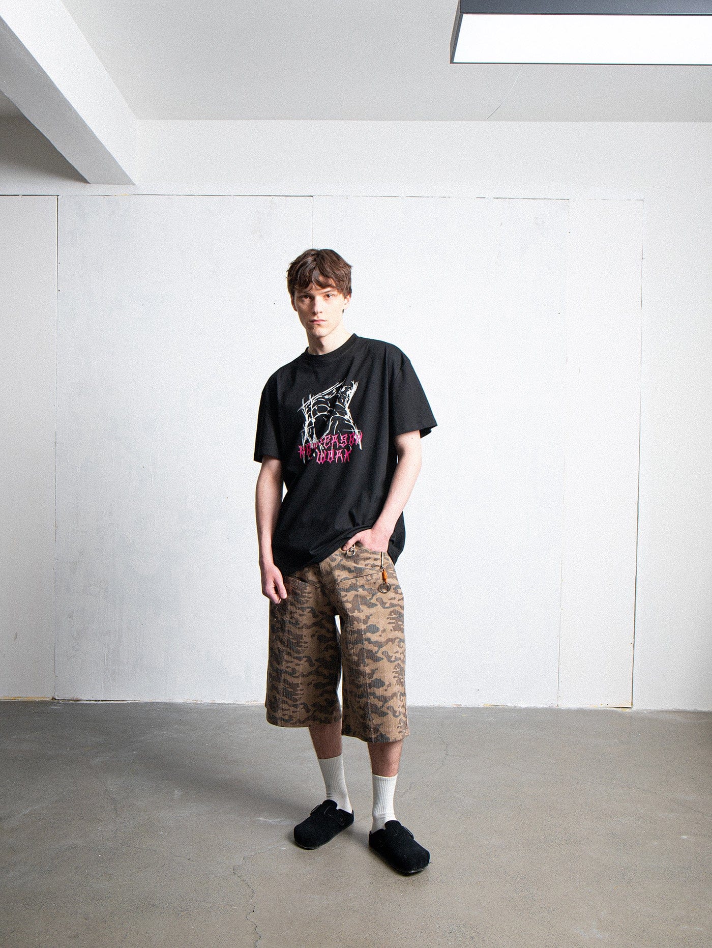 LEONSENSE Deconstructed Camo Cargo Shorts, premium urban and streetwear designers apparel on PROJECTISR.com, LEONSENSE