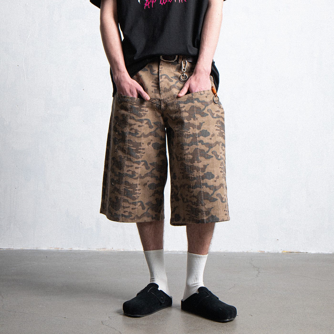 LEONSENSE Deconstructed Camo Cargo Shorts, premium urban and streetwear designers apparel on PROJECTISR.com, LEONSENSE