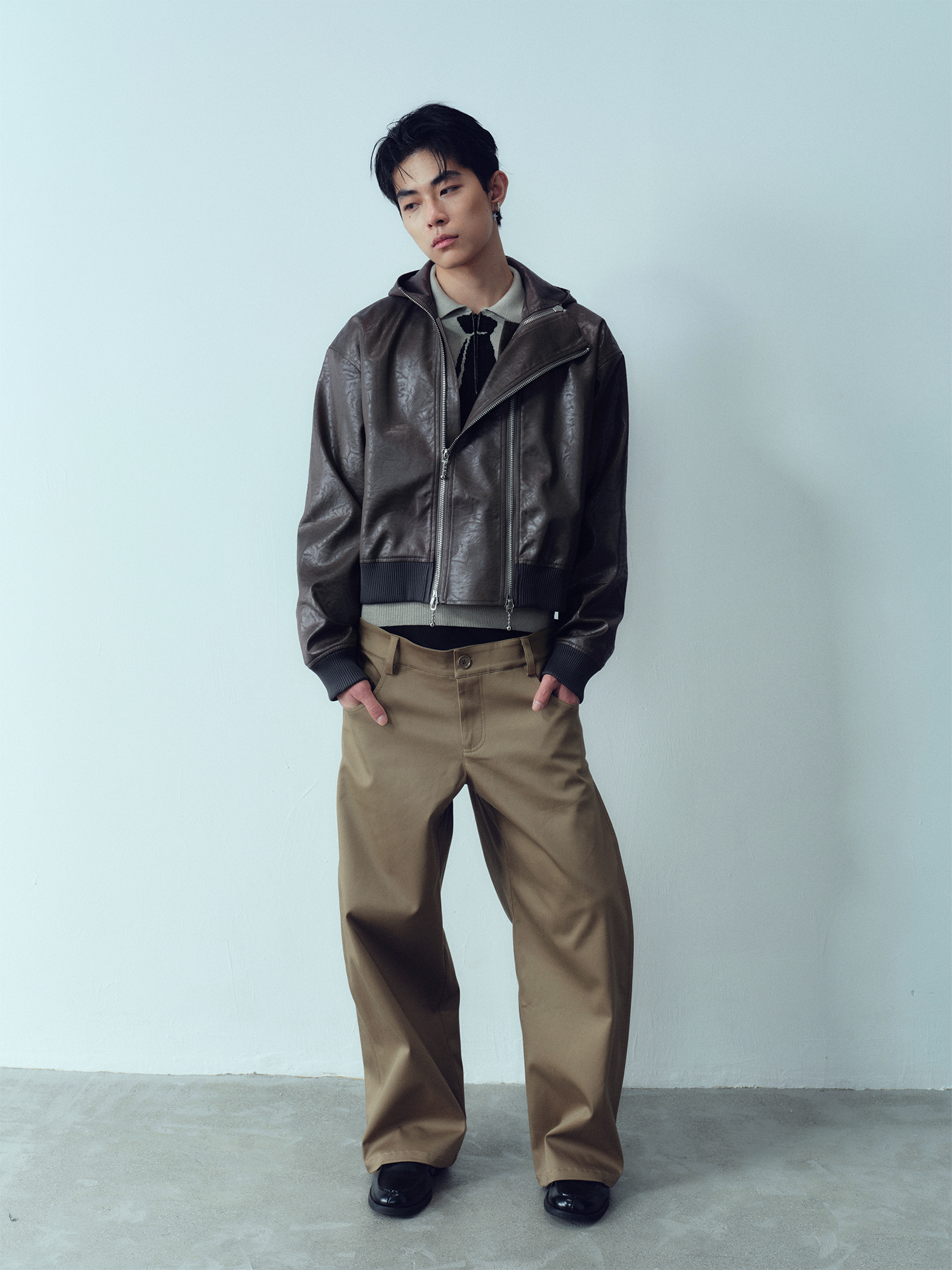 KADAKADA Faux Leather Dual-Zipper Hooded Jacket