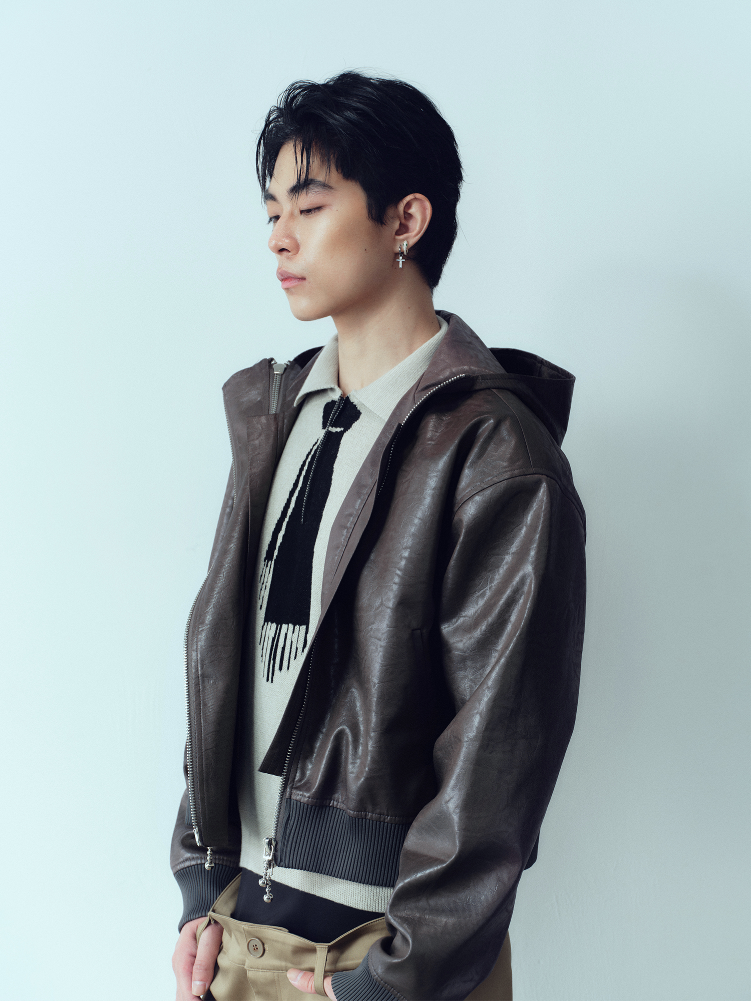 KADAKADA Faux Leather Dual-Zipper Hooded Jacket