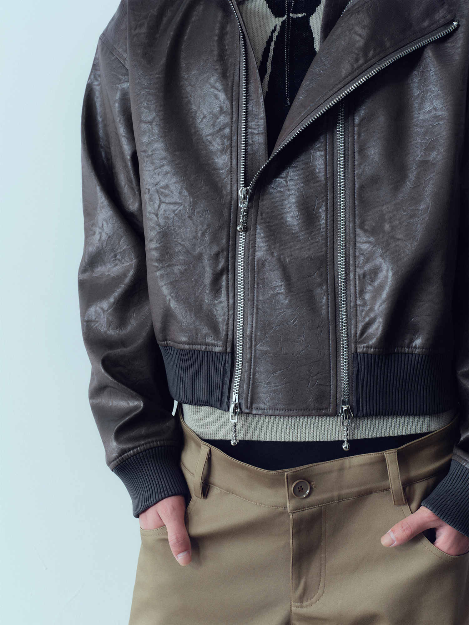 KADAKADA Faux Leather Dual-Zipper Hooded Jacket