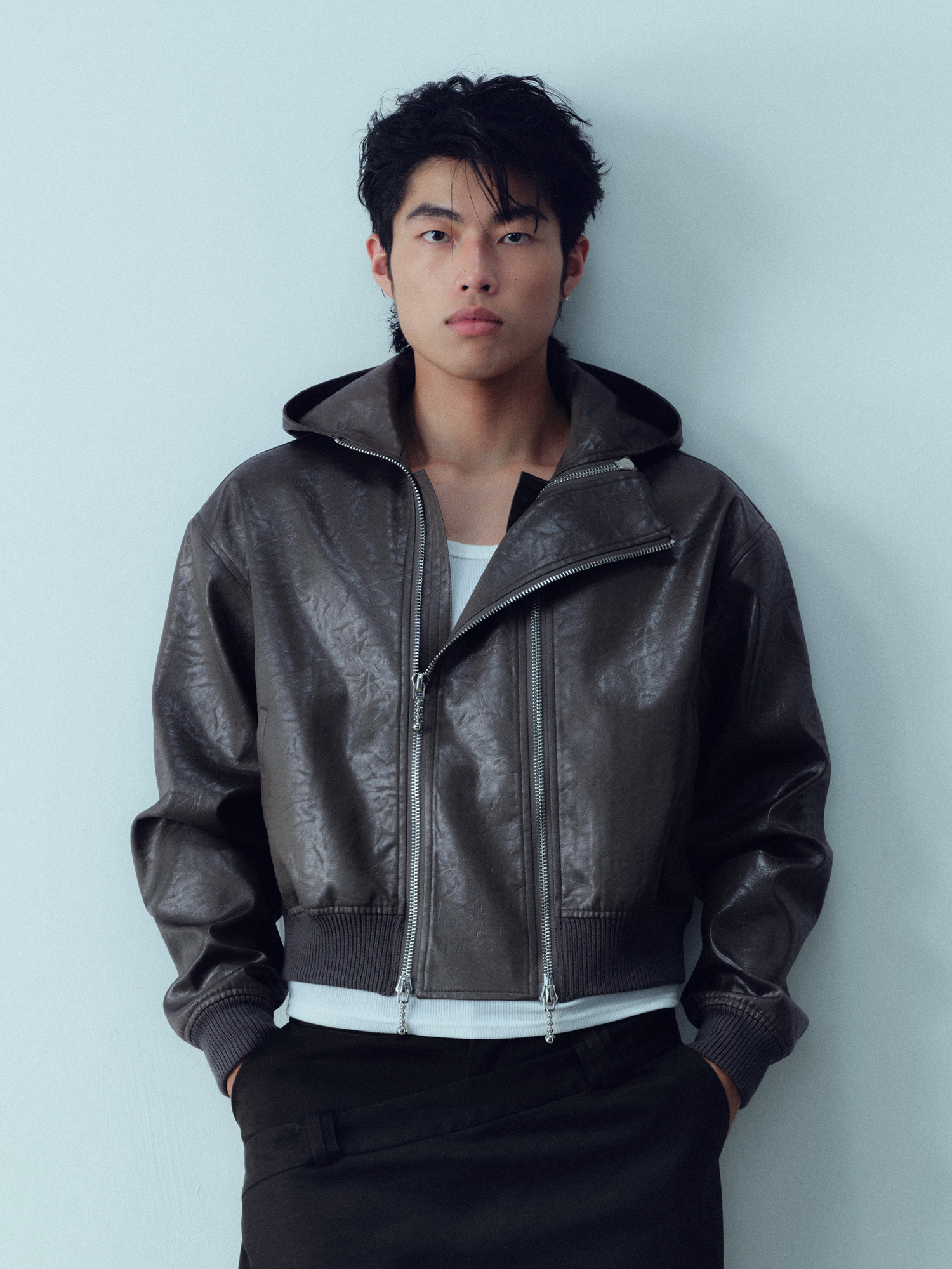 KADAKADA Faux Leather Dual-Zipper Hooded Jacket