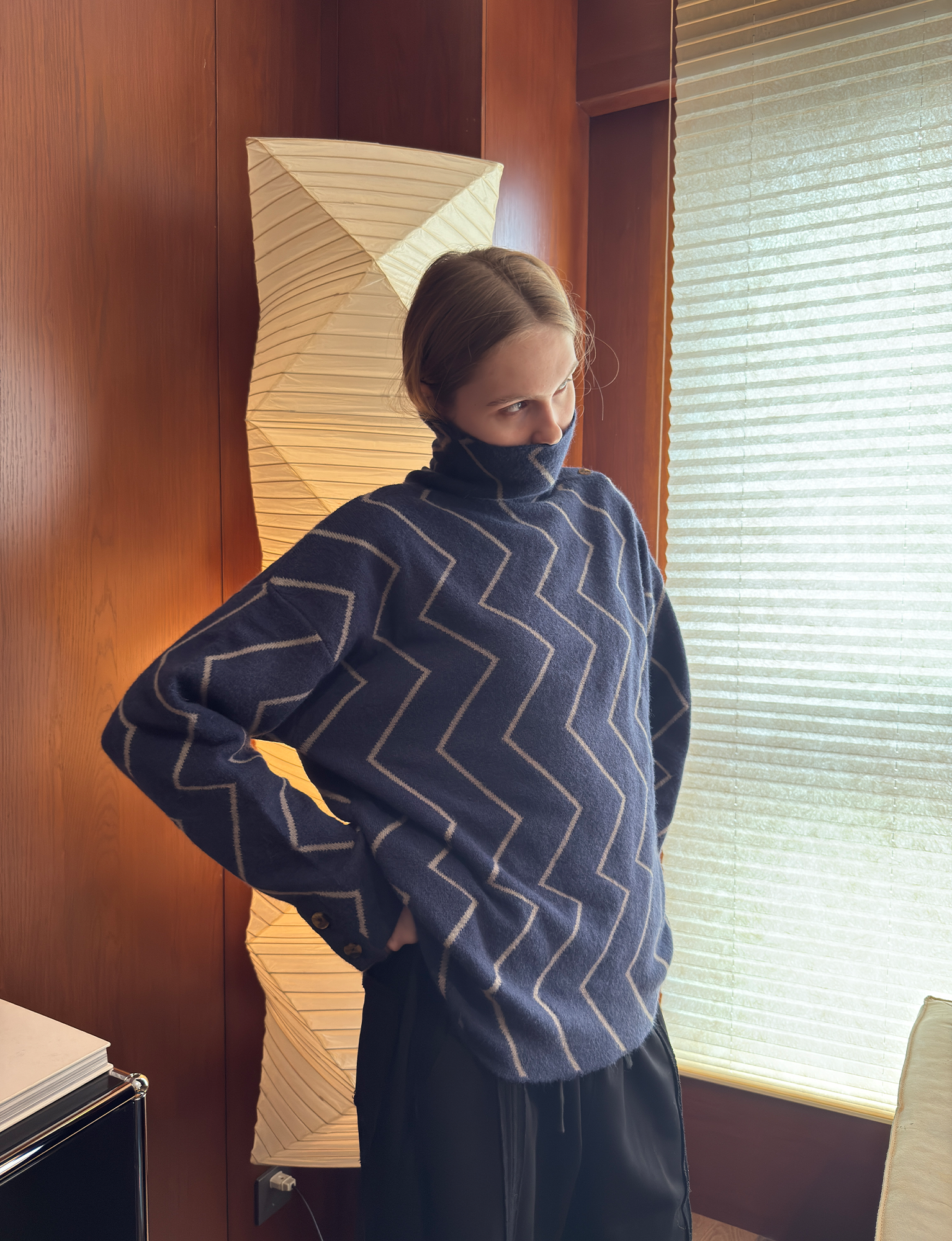MIICHOUS Geometric Ripple Jacquard Asym High-Neck Sweater