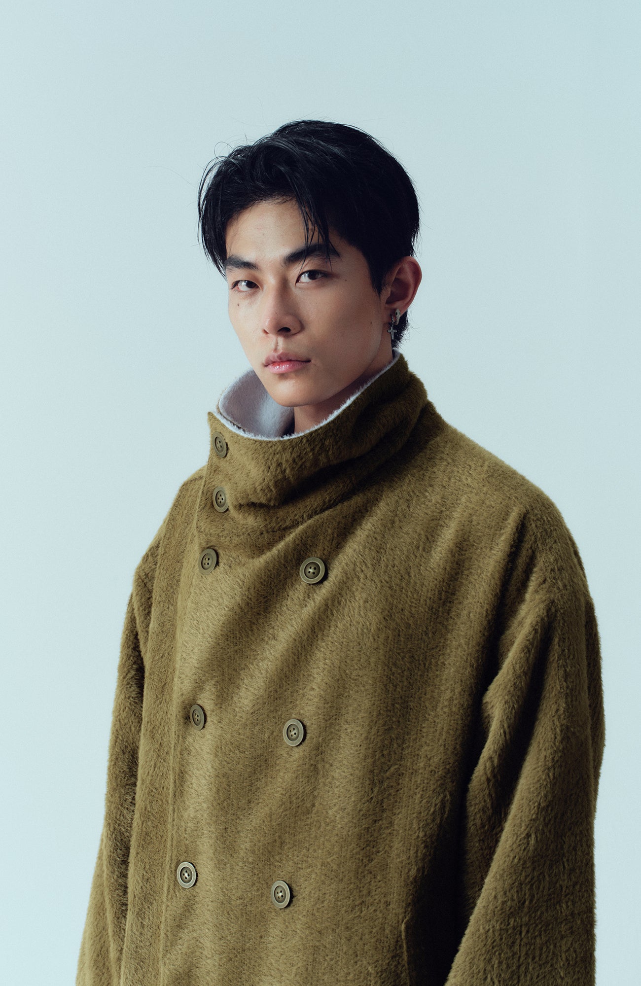 KADAKADA  Double-Breasted Contrast Fuzzy Collar Overcoat