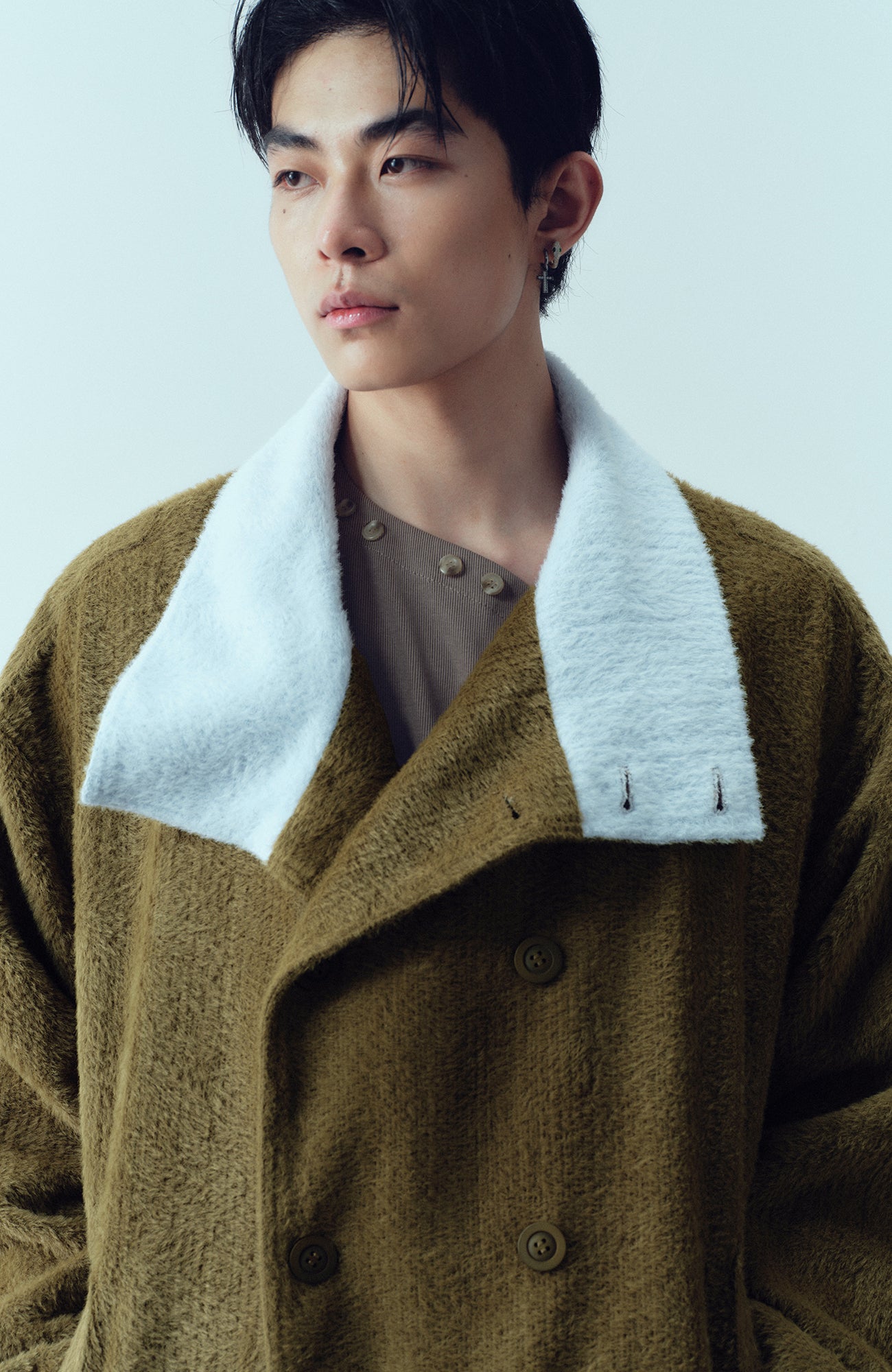 KADAKADA  Double-Breasted Contrast Fuzzy Collar Overcoat