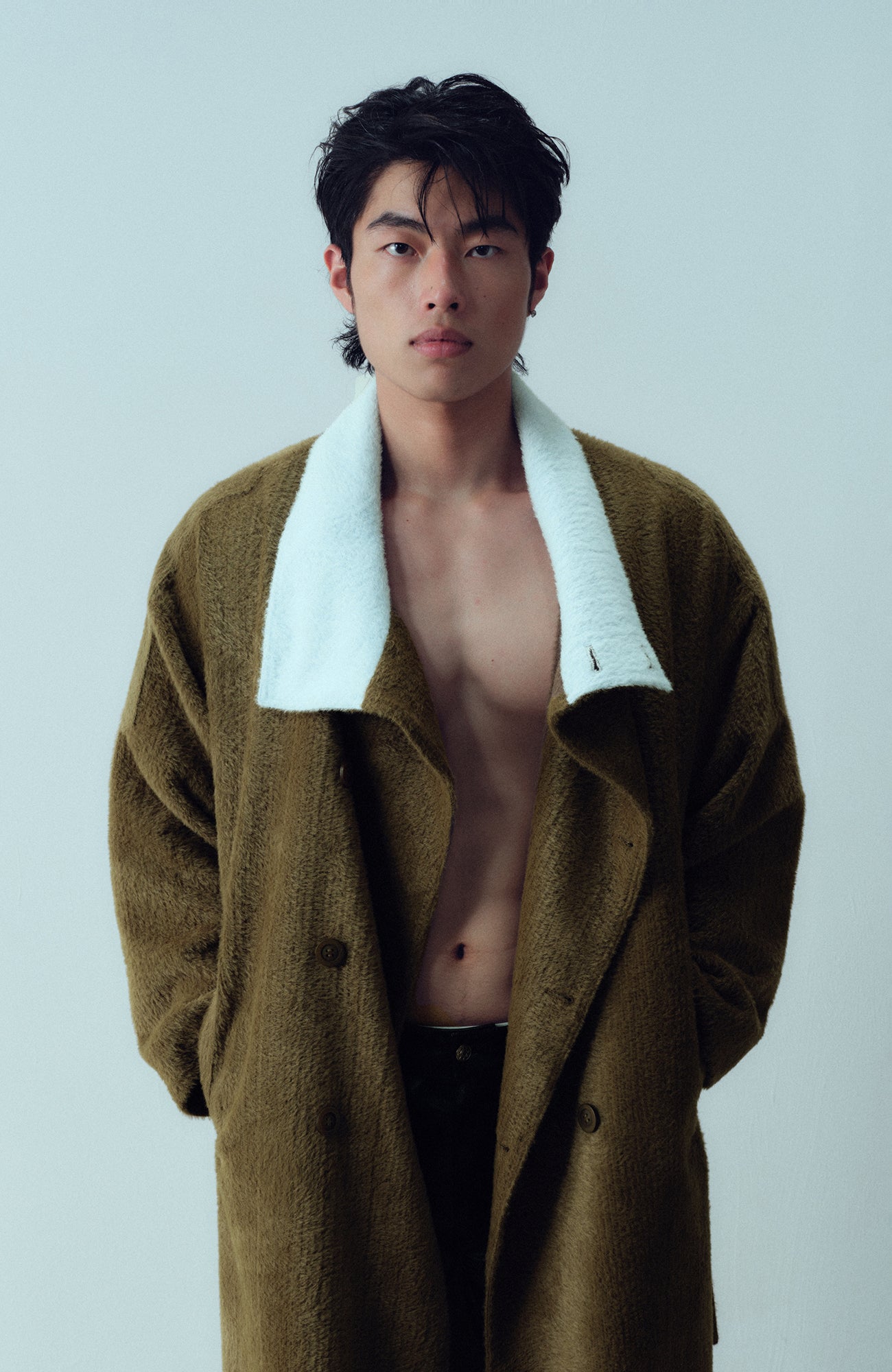 KADAKADA  Double-Breasted Contrast Fuzzy Collar Overcoat