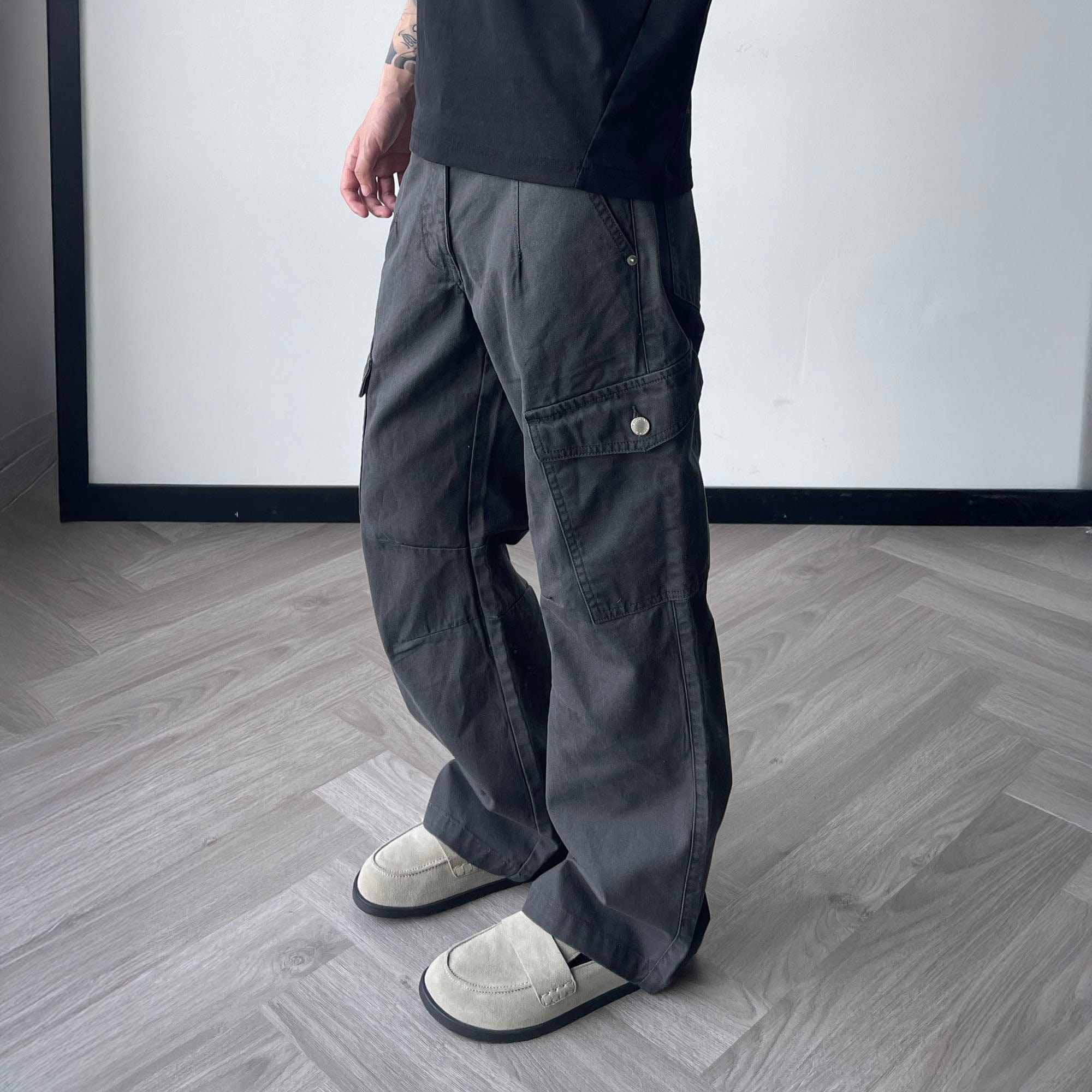 OKAYTHXBYE Washed Button Flap-Pocket Cargo Pants, premium urban and streetwear designers apparel on PROJECTISR.com, OKAYTHXBYE