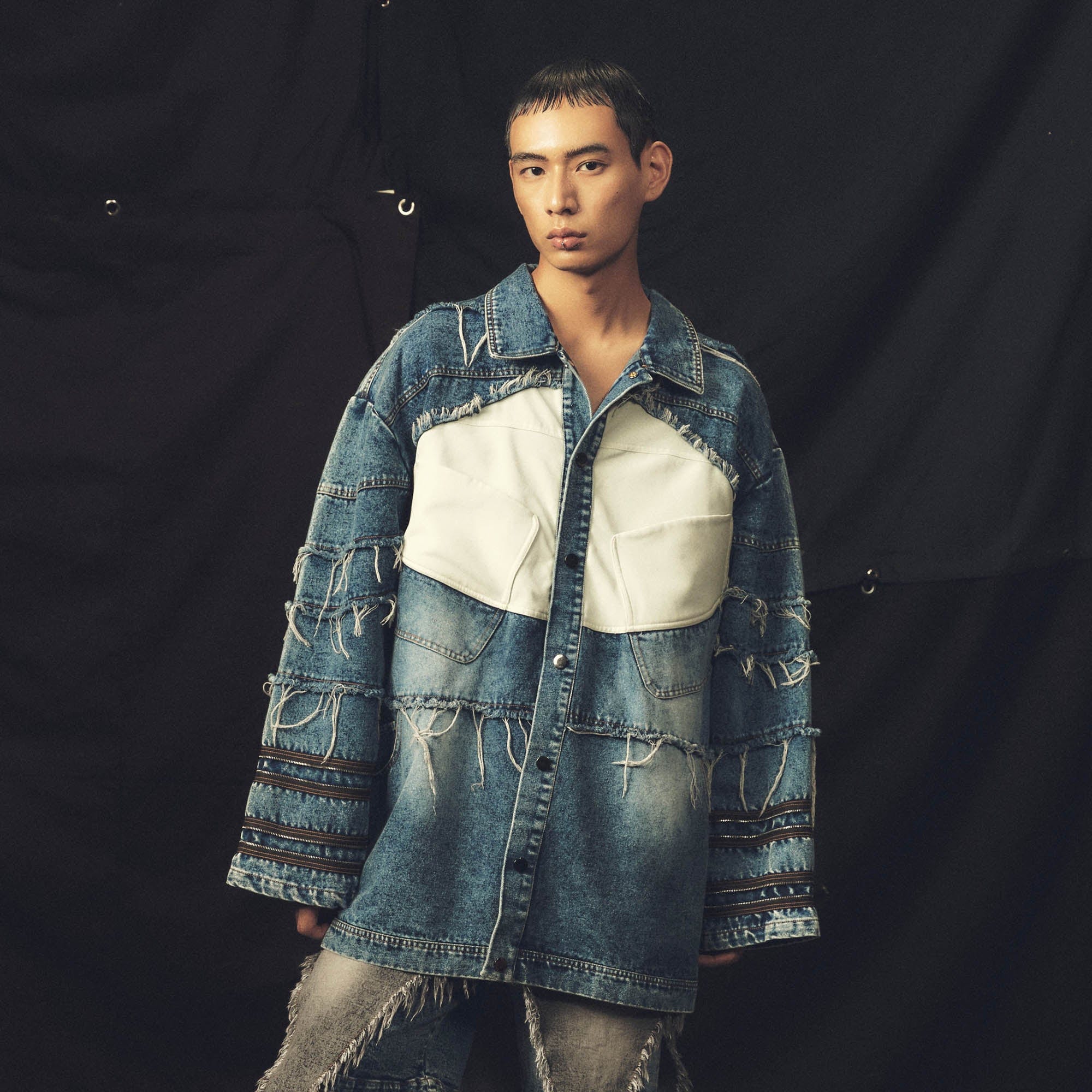 KADAKADA Frayed Layered Patchwork Oversized Denim Jacket