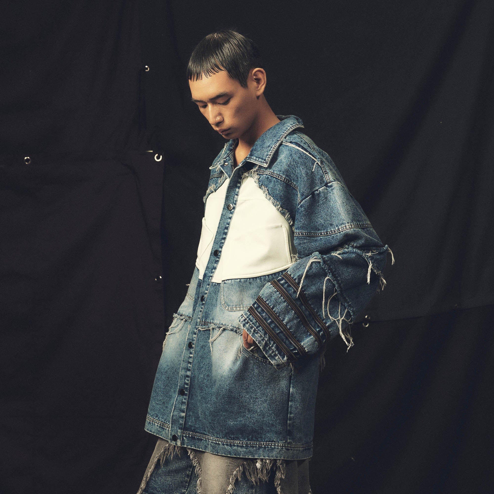 KADAKADA Frayed Layered Patchwork Oversized Denim Jacket