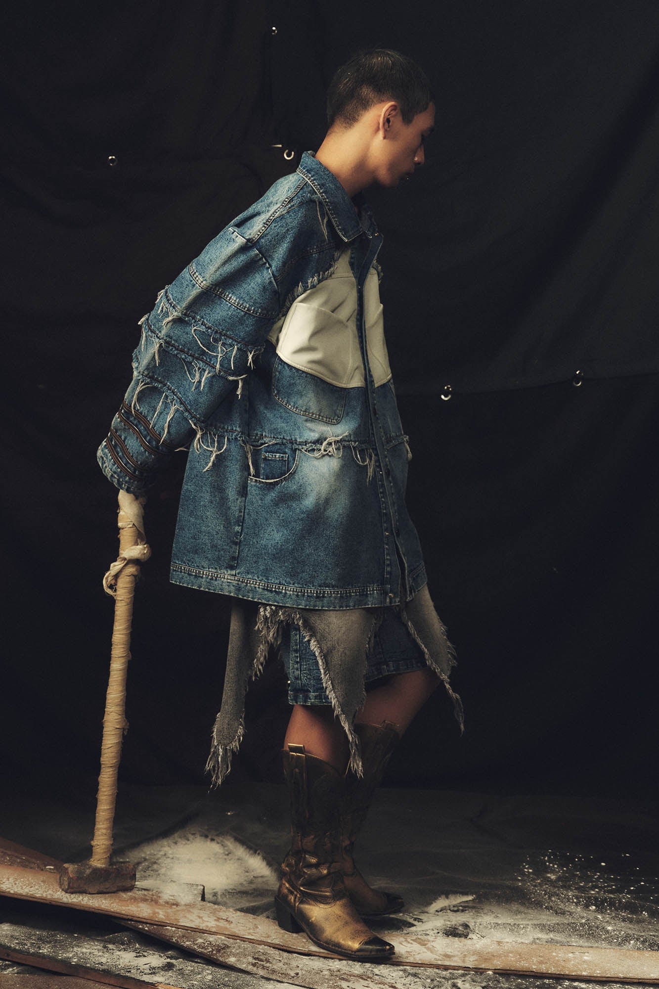 KADAKADA Frayed Layered Patchwork Oversized Denim Jacket