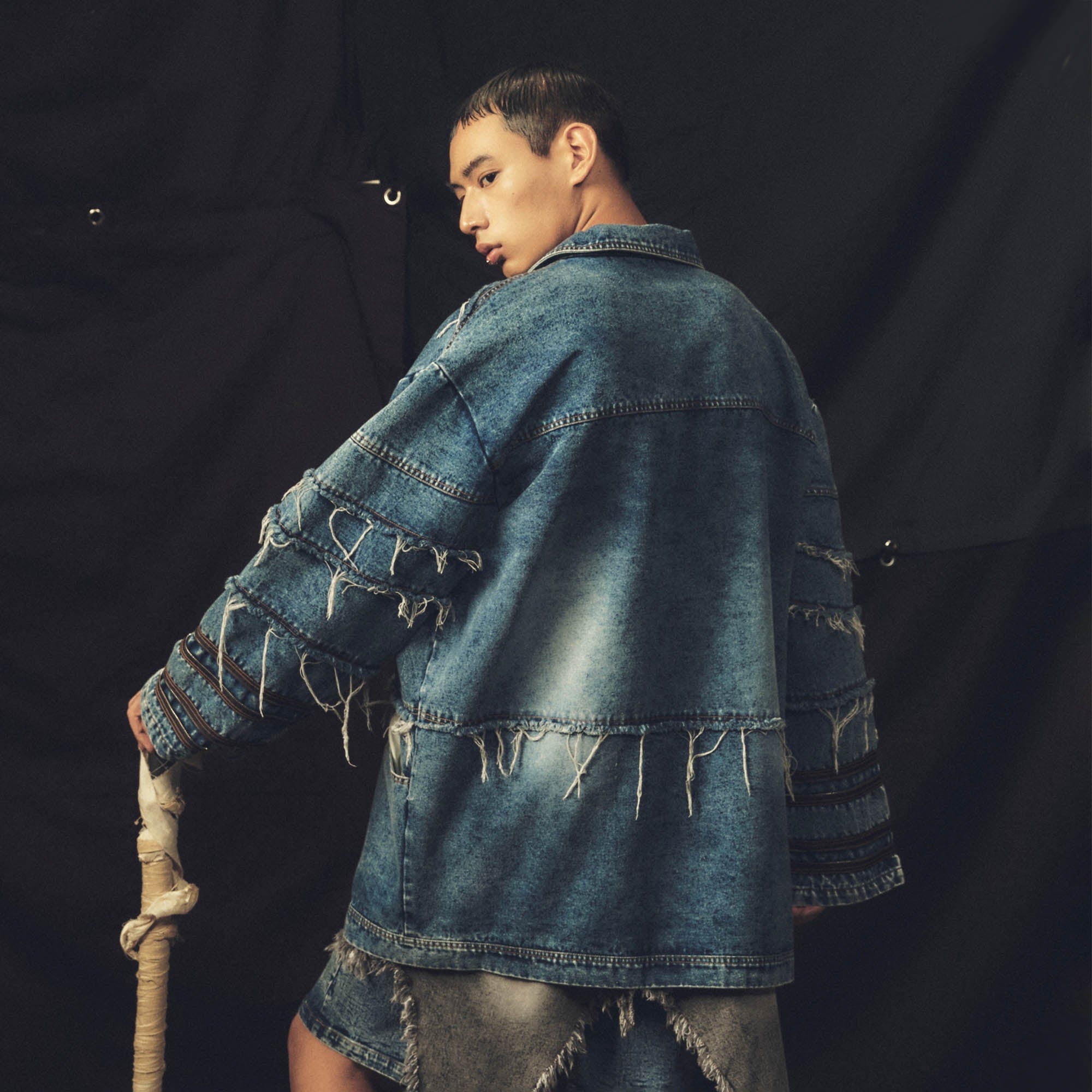 KADAKADA Frayed Layered Patchwork Oversized Denim Jacket