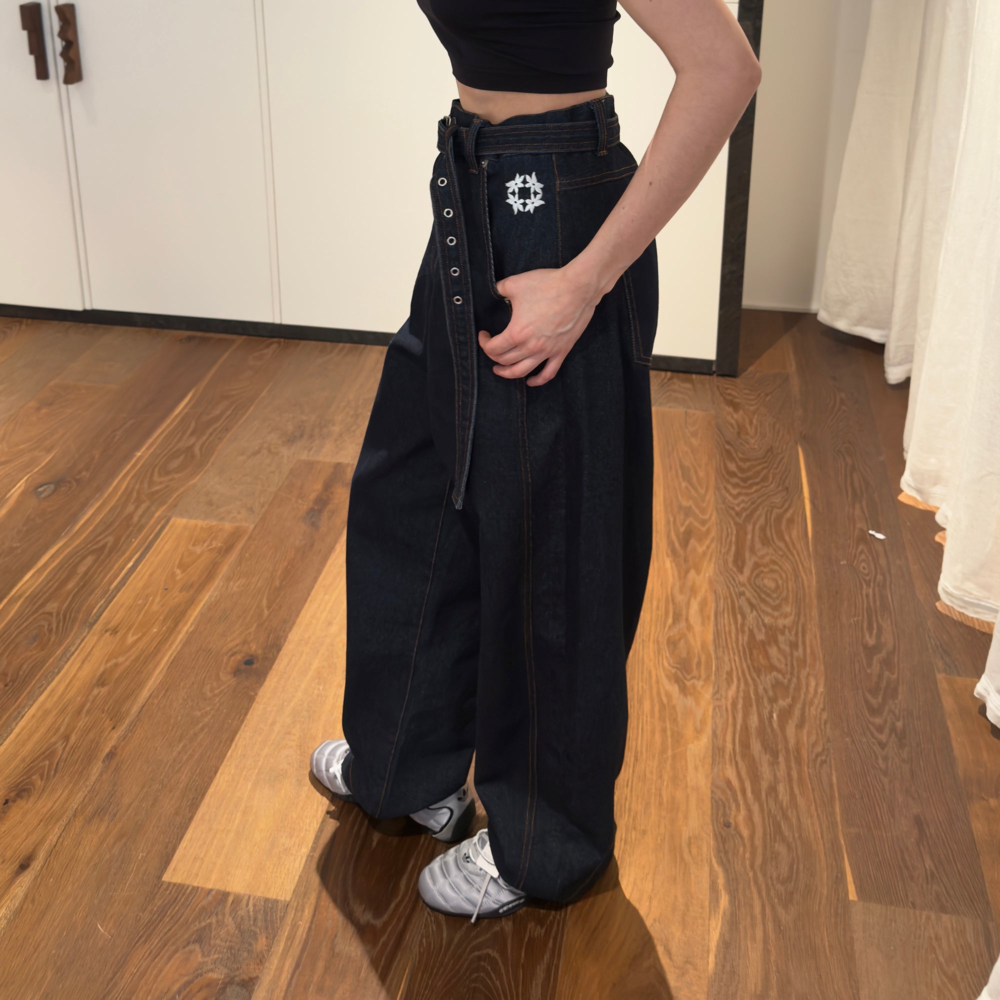 MIICHOUS Belted Curved-Leg Embroidered Raw Denim, premium urban and streetwear designers apparel on PROJECTISR.com, MIICHOUS