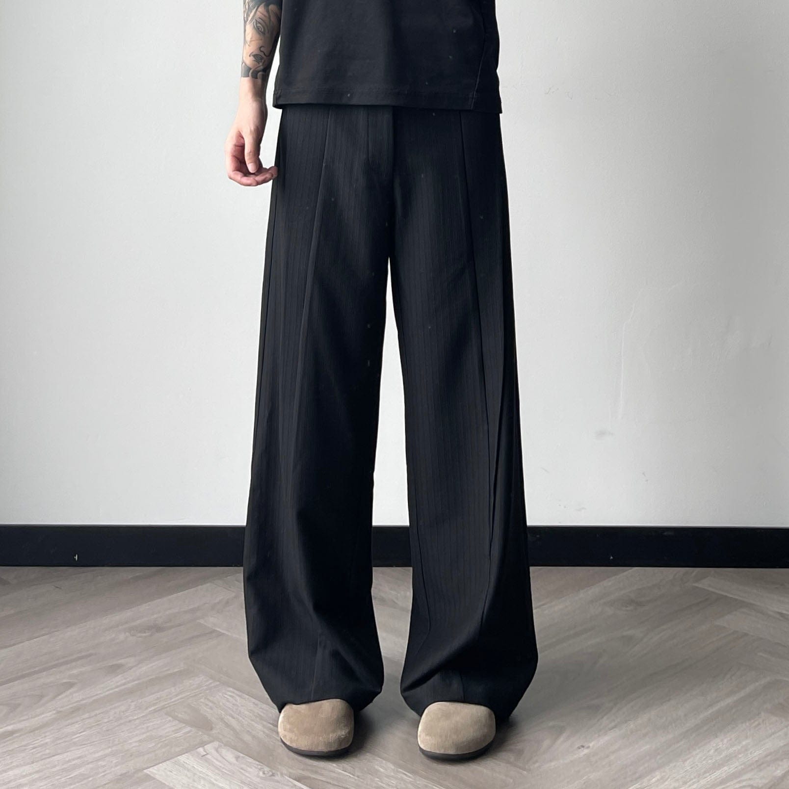 OKAYTHXBYE Pinstripe Twin Front Pleats Wide-Leg Pants, premium urban and streetwear designers apparel on PROJECTISR.com, OKAYTHXBYE