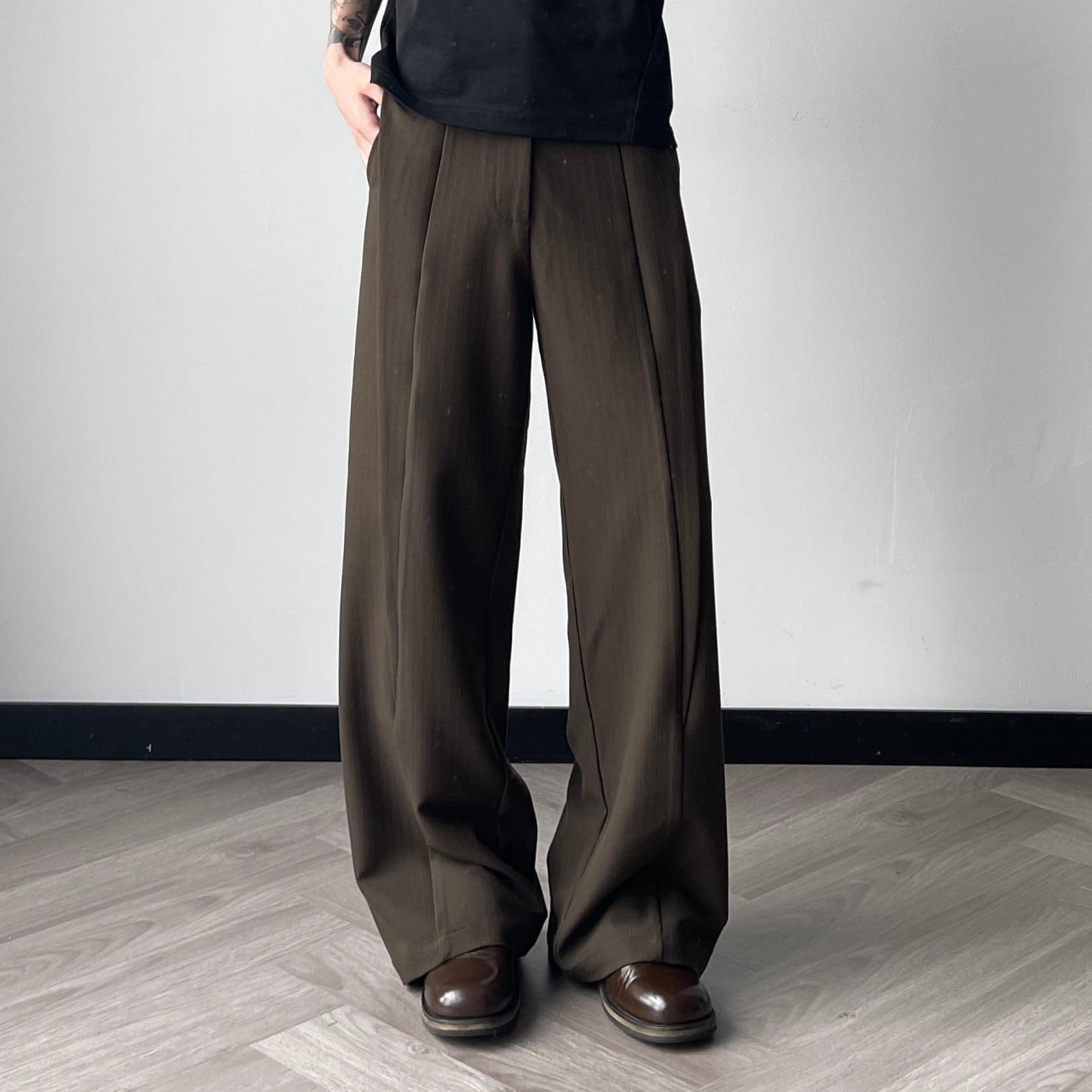 OKAYTHXBYE Pinstripe Twin Front Pleats Wide-Leg Pants