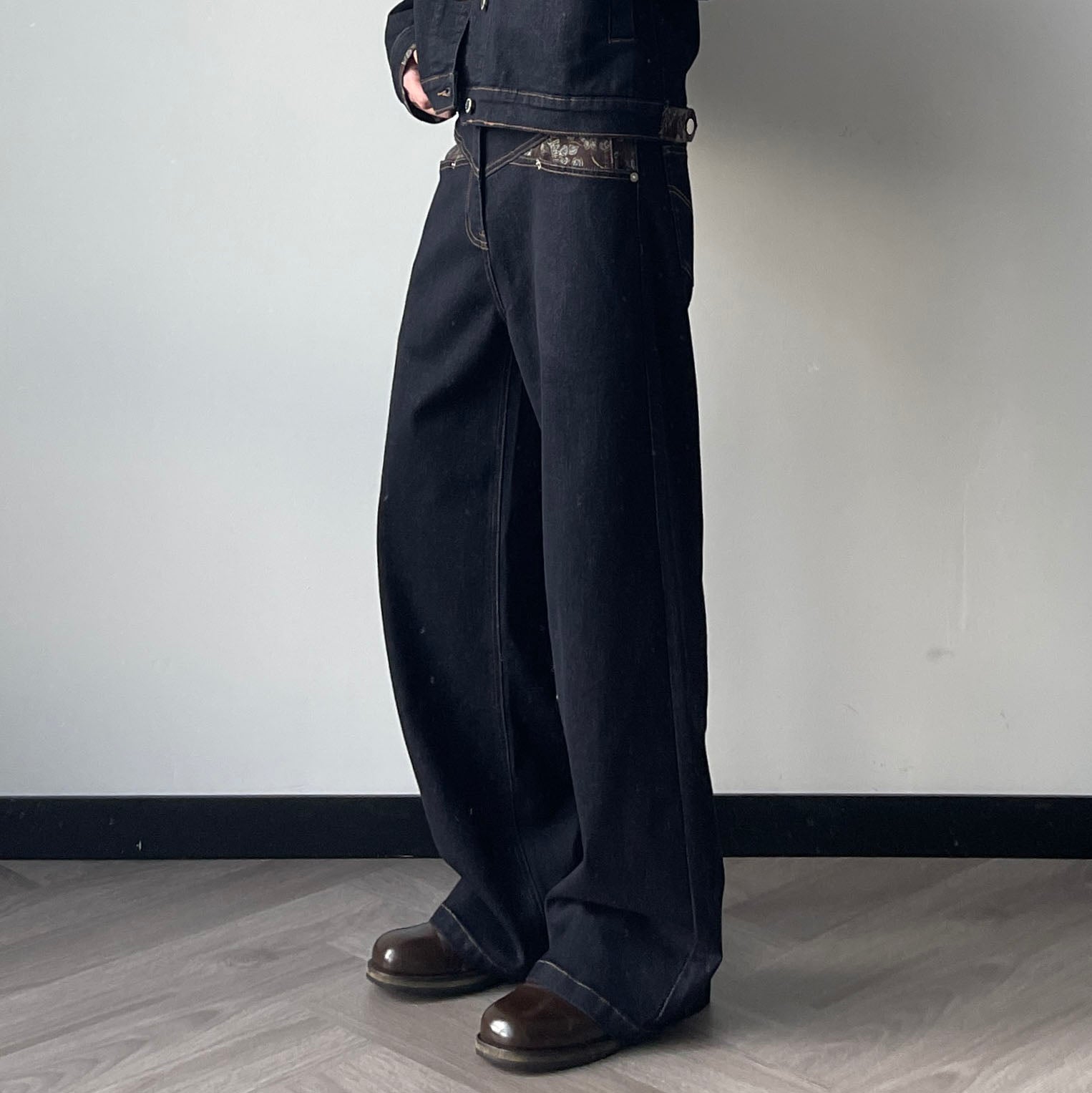 OKAYTHXBYE Floral Paneled Waist Raw Jeans, premium urban and streetwear designers apparel on PROJECTISR.com, OKAYTHXBYE