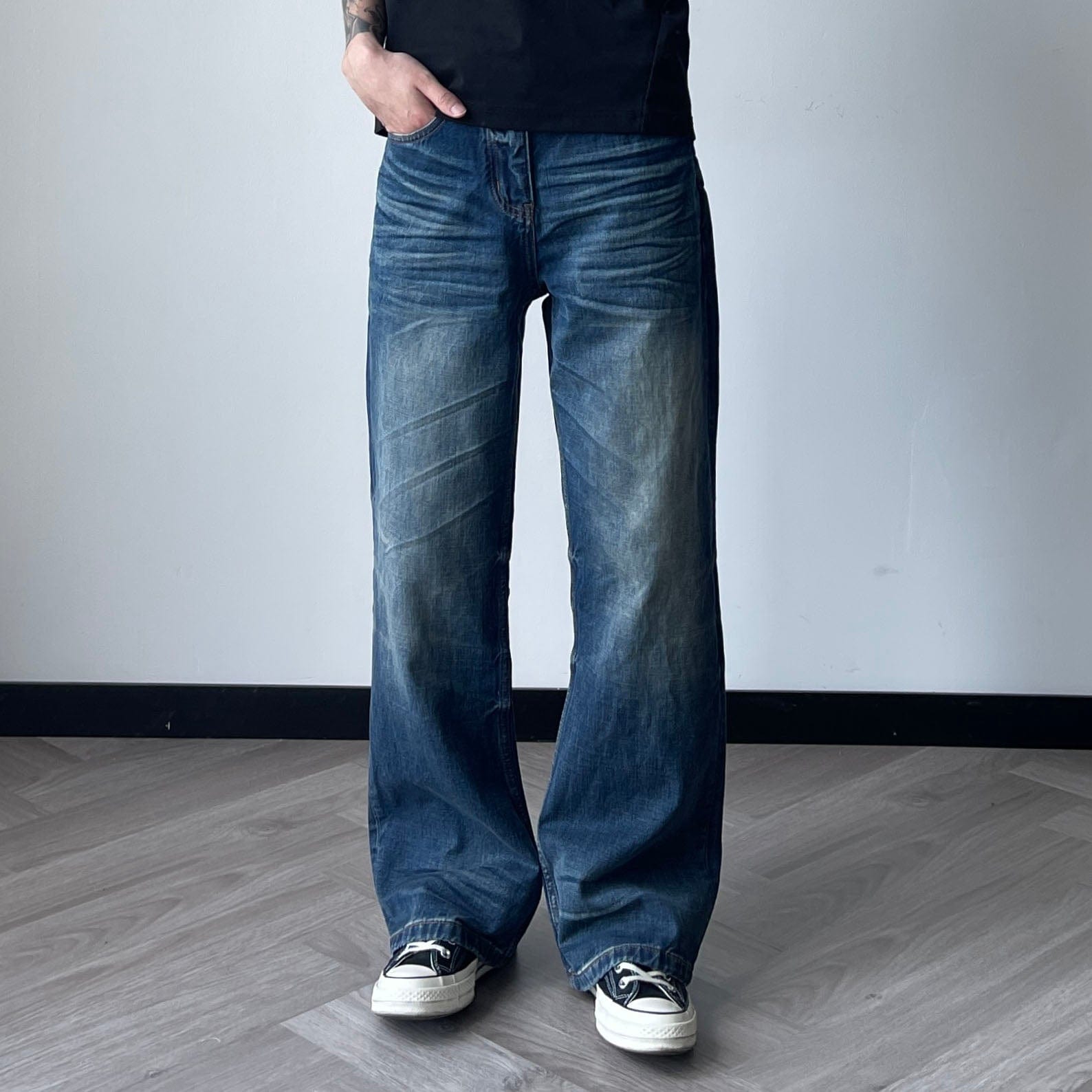 OKAYTHXBYE Wrinkled Washed Wide-Leg Jeans, premium urban and streetwear designers apparel on PROJECTISR.com, OKAYTHXBYE