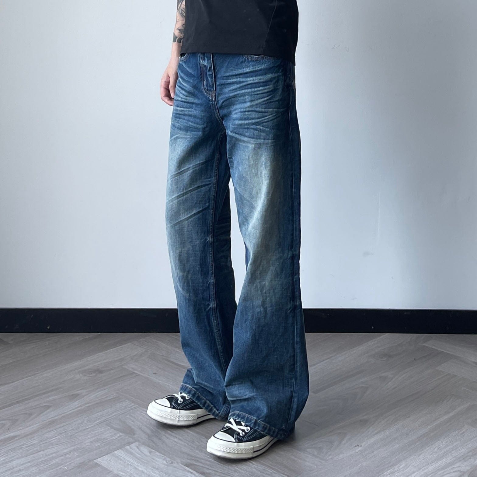 OKAYTHXBYE Wrinkled Washed Wide-Leg Jeans, premium urban and streetwear designers apparel on PROJECTISR.com, OKAYTHXBYE