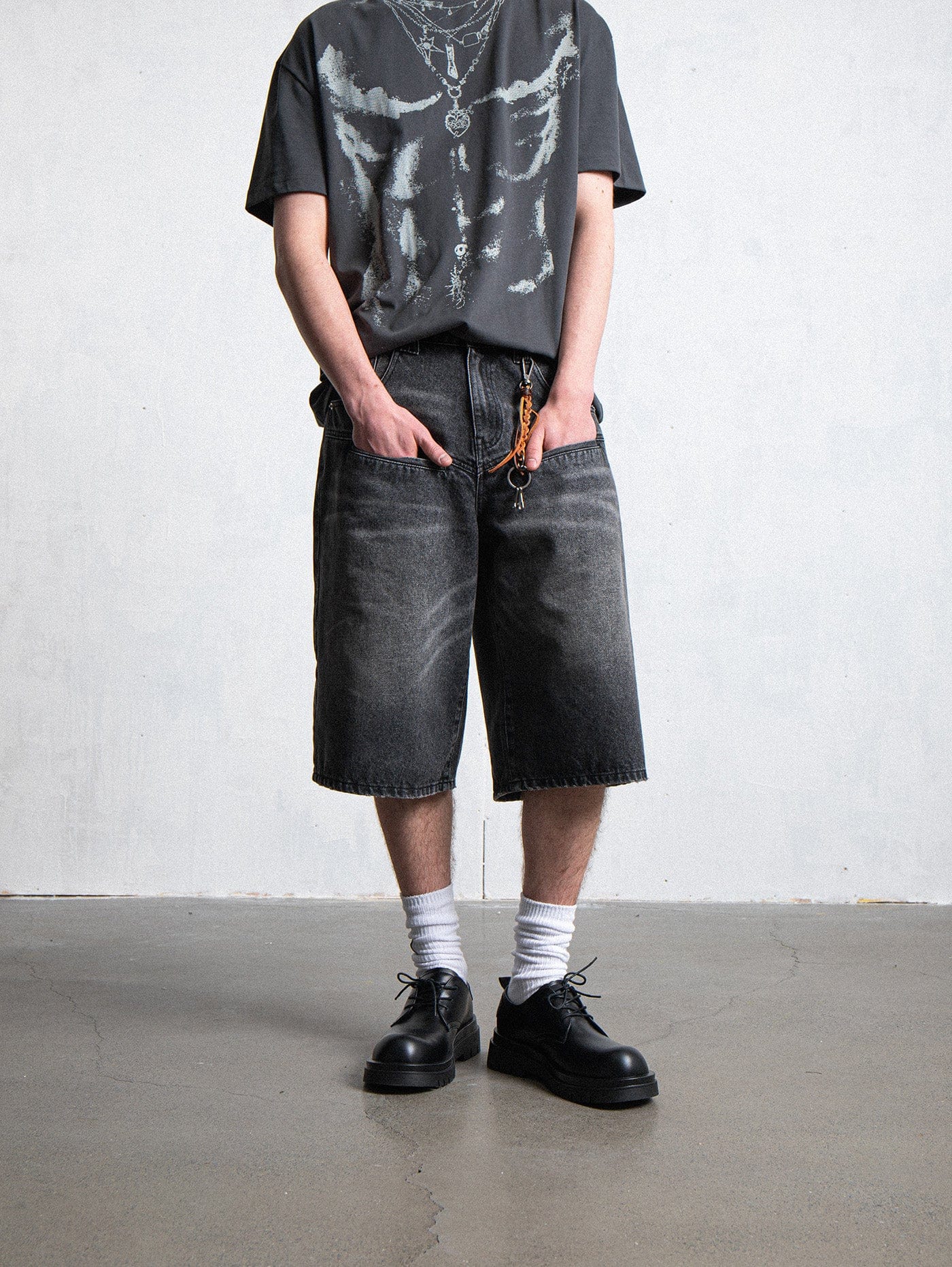 LEONSENSE Spliced Washed Oversized Jeans Shorts