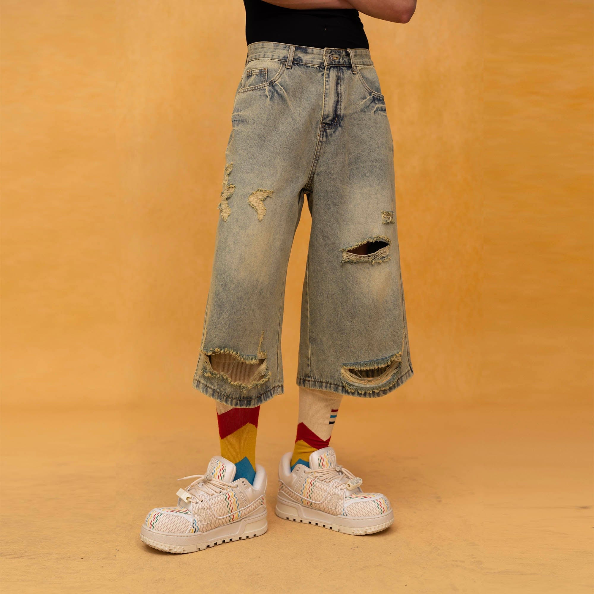 CLP Washed Ripped Knee-Length Denim Shorts