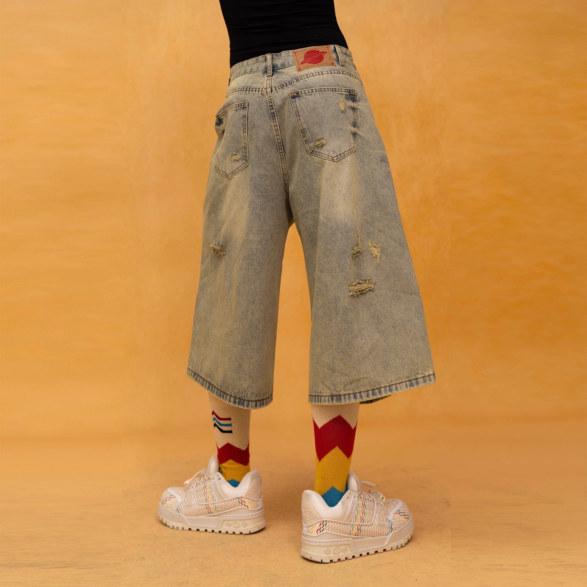 CLP Washed Ripped Knee-Length Denim Shorts