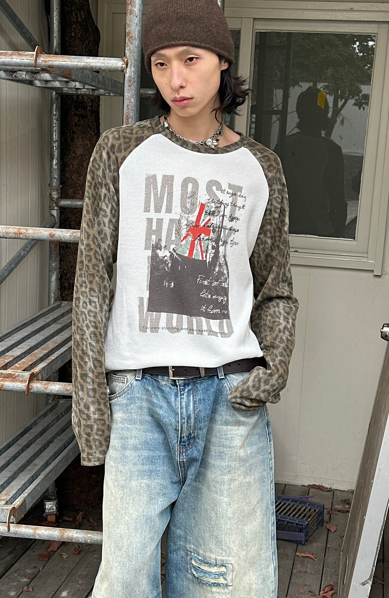 SADSOUP Leopard Raglan Waffle Long-Sleeve Tee