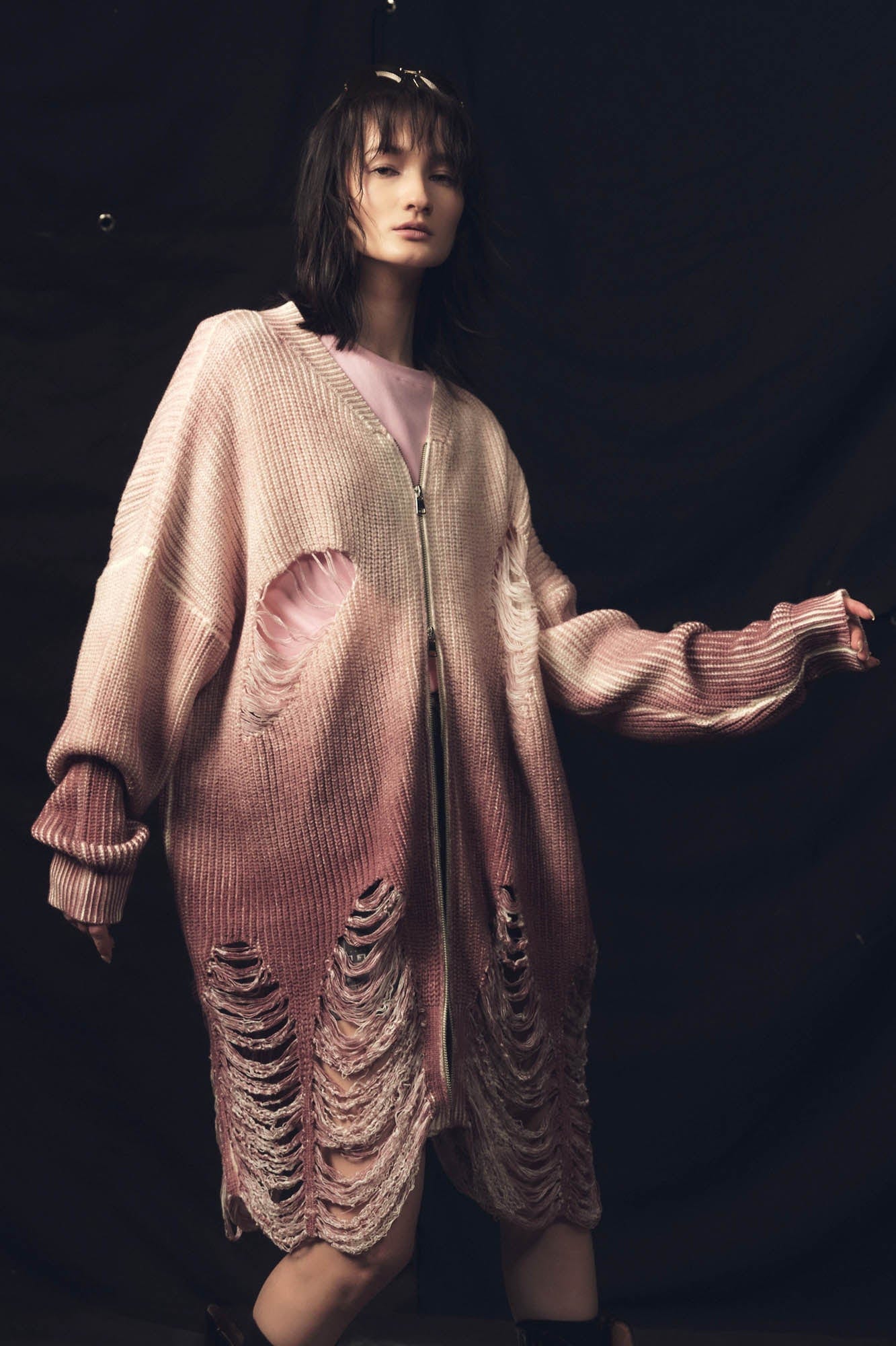 KADAKADA Heavily Distressed Gradient Long Knit Cardigan