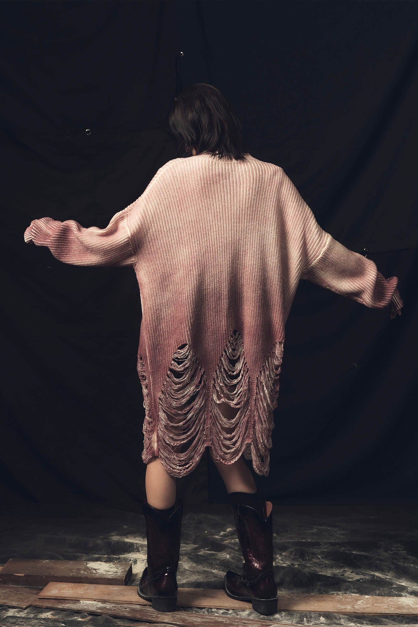 KADAKADA Heavily Distressed Gradient Long Knit Cardigan