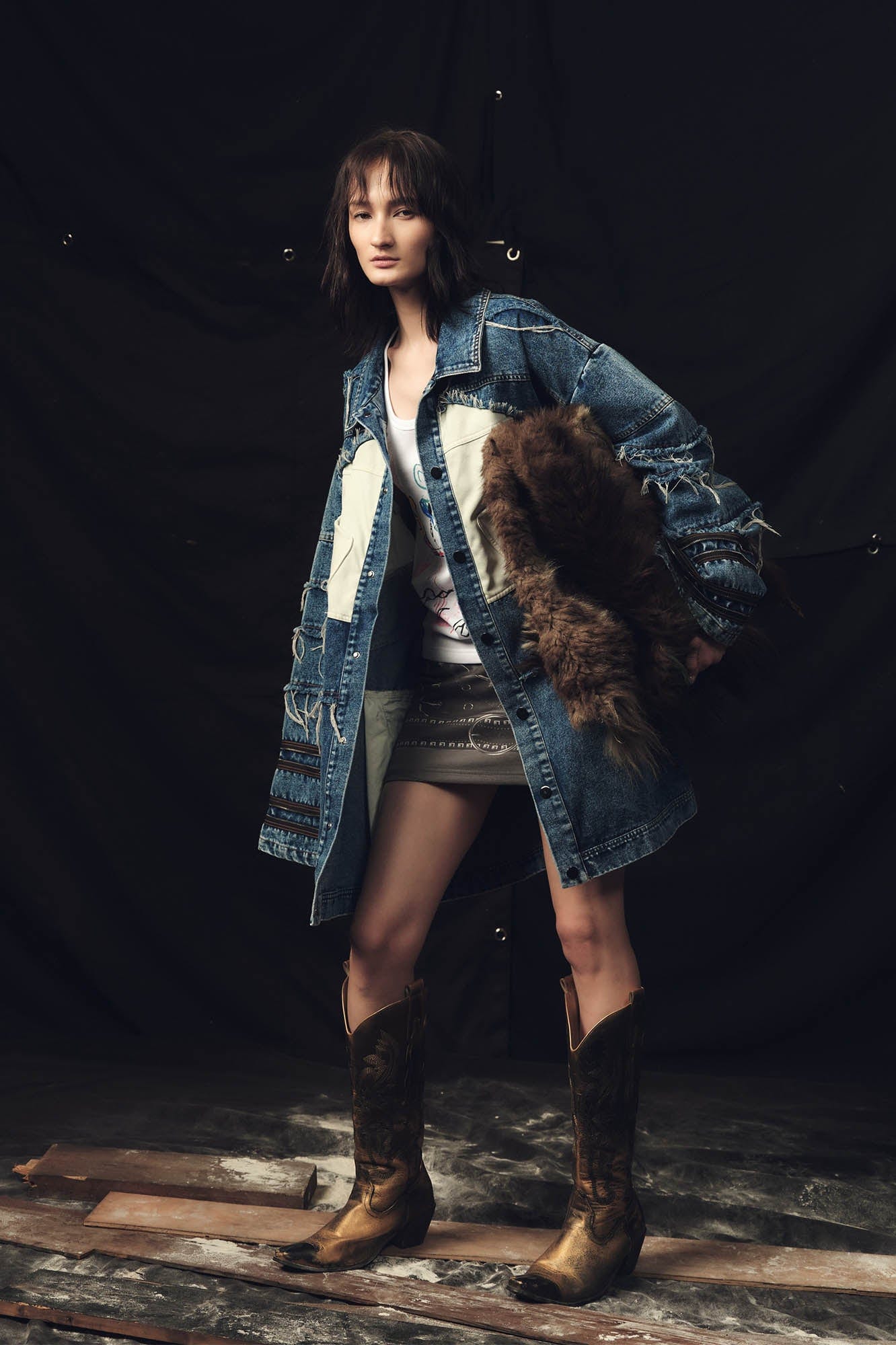 KADAKADA Frayed Layered Patchwork Oversized Denim Jacket