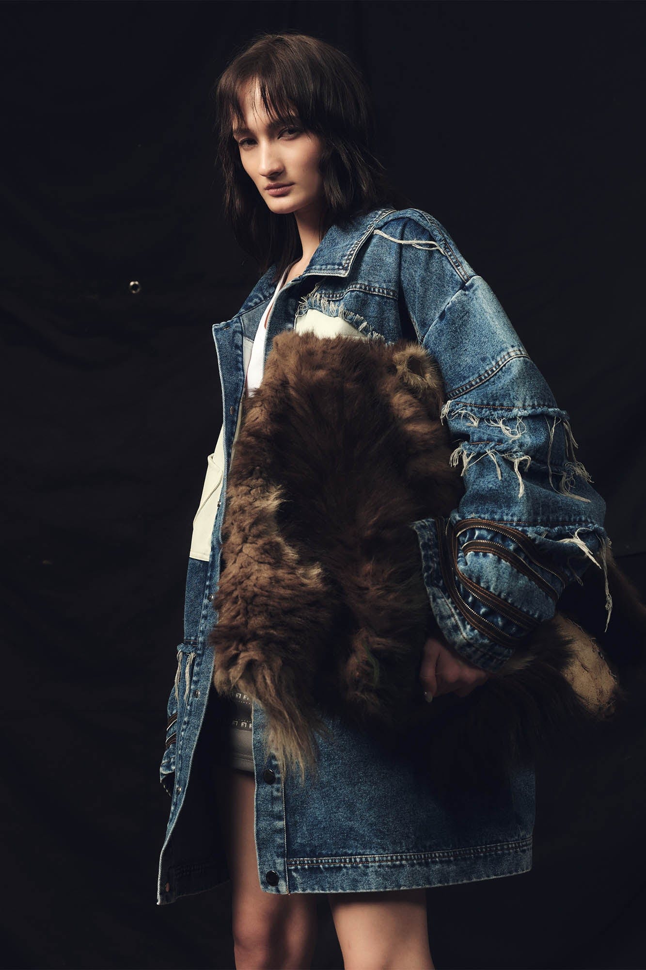 KADAKADA Frayed Layered Patchwork Oversized Denim Jacket