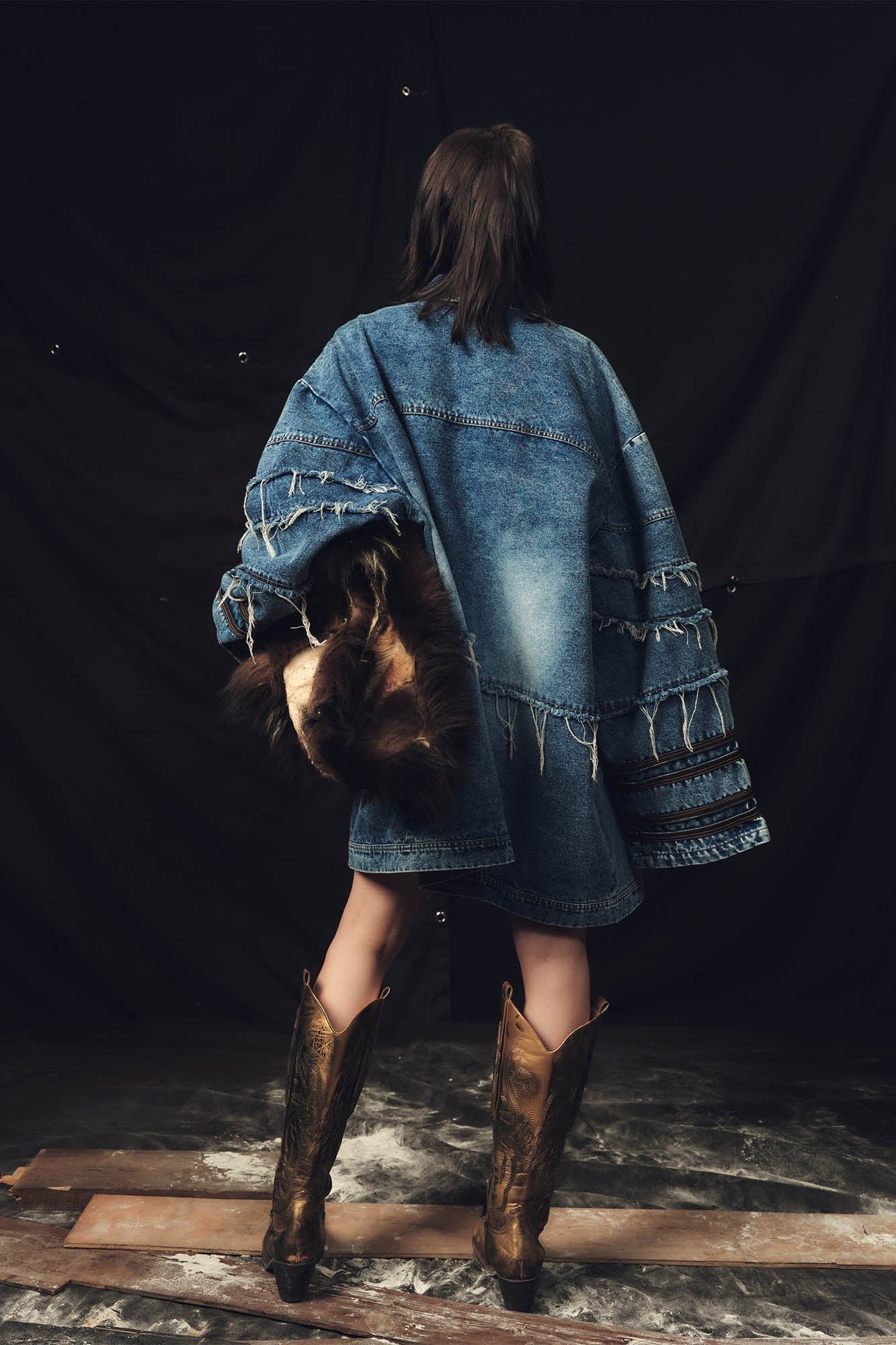 KADAKADA Frayed Layered Patchwork Oversized Denim Jacket