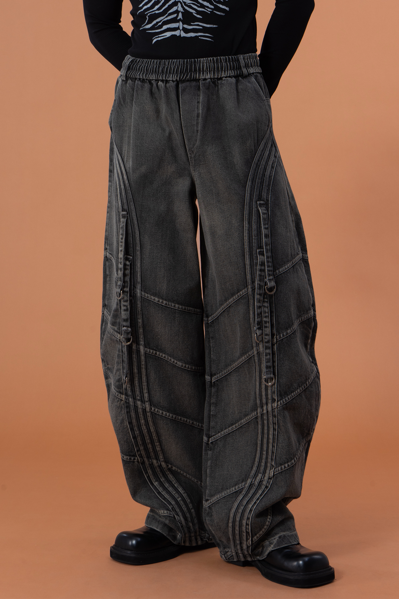 CLP Washed Arc Panel Strap Wide-Leg Jeans