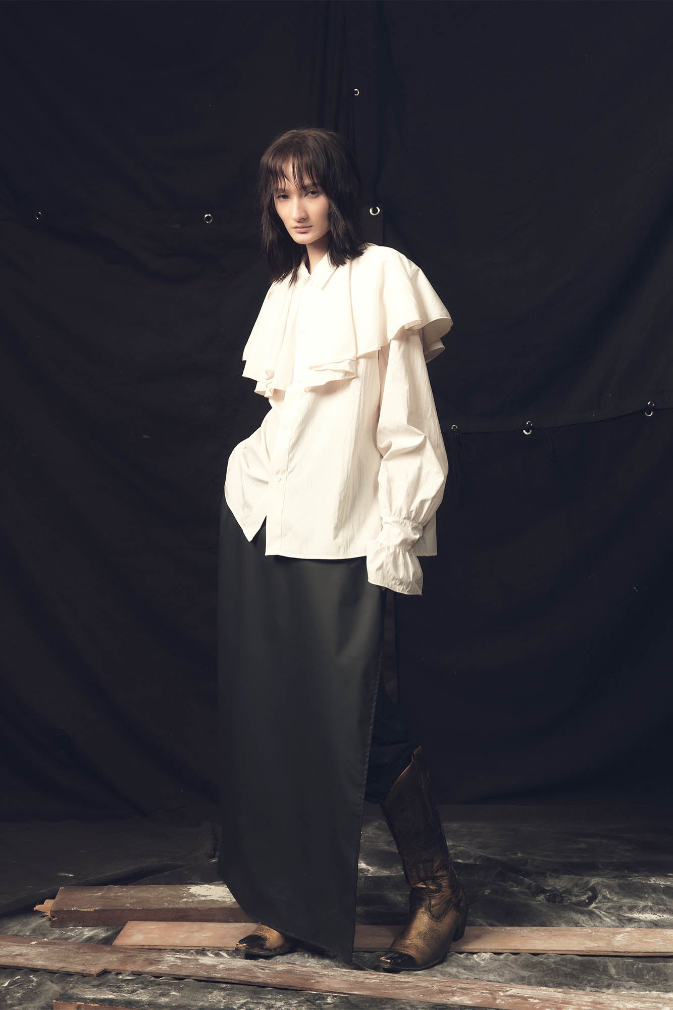 KADAKADA Detachable Cloak Faux Leather Pants