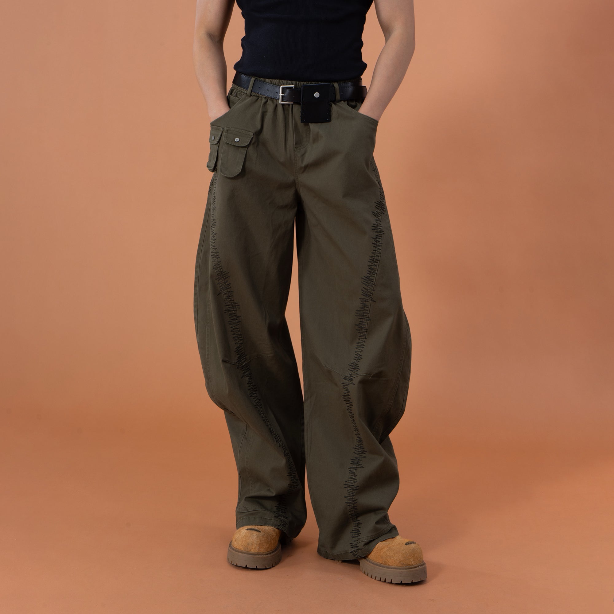 CLP Zigzag Contrast-Stitch Wide-Leg Pants