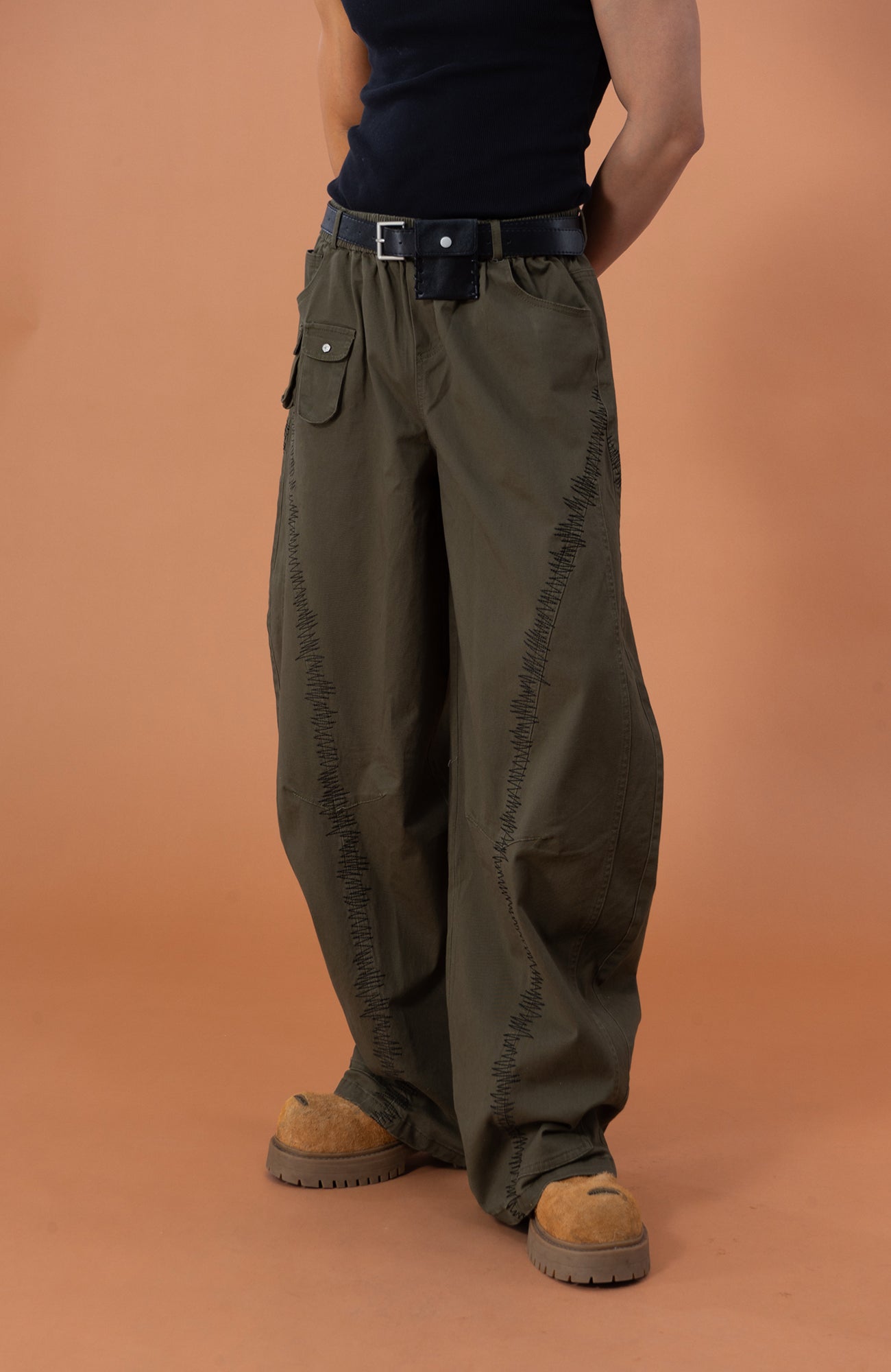 CLP Zigzag Contrast-Stitch Wide-Leg Pants