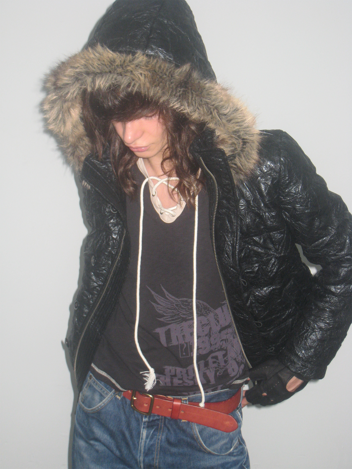 TRECLUB Crinkled Faux Leather Fur-Collar Hooded Jacket, premium urban and streetwear designers apparel on PROJECTISR.com, TRECLUB