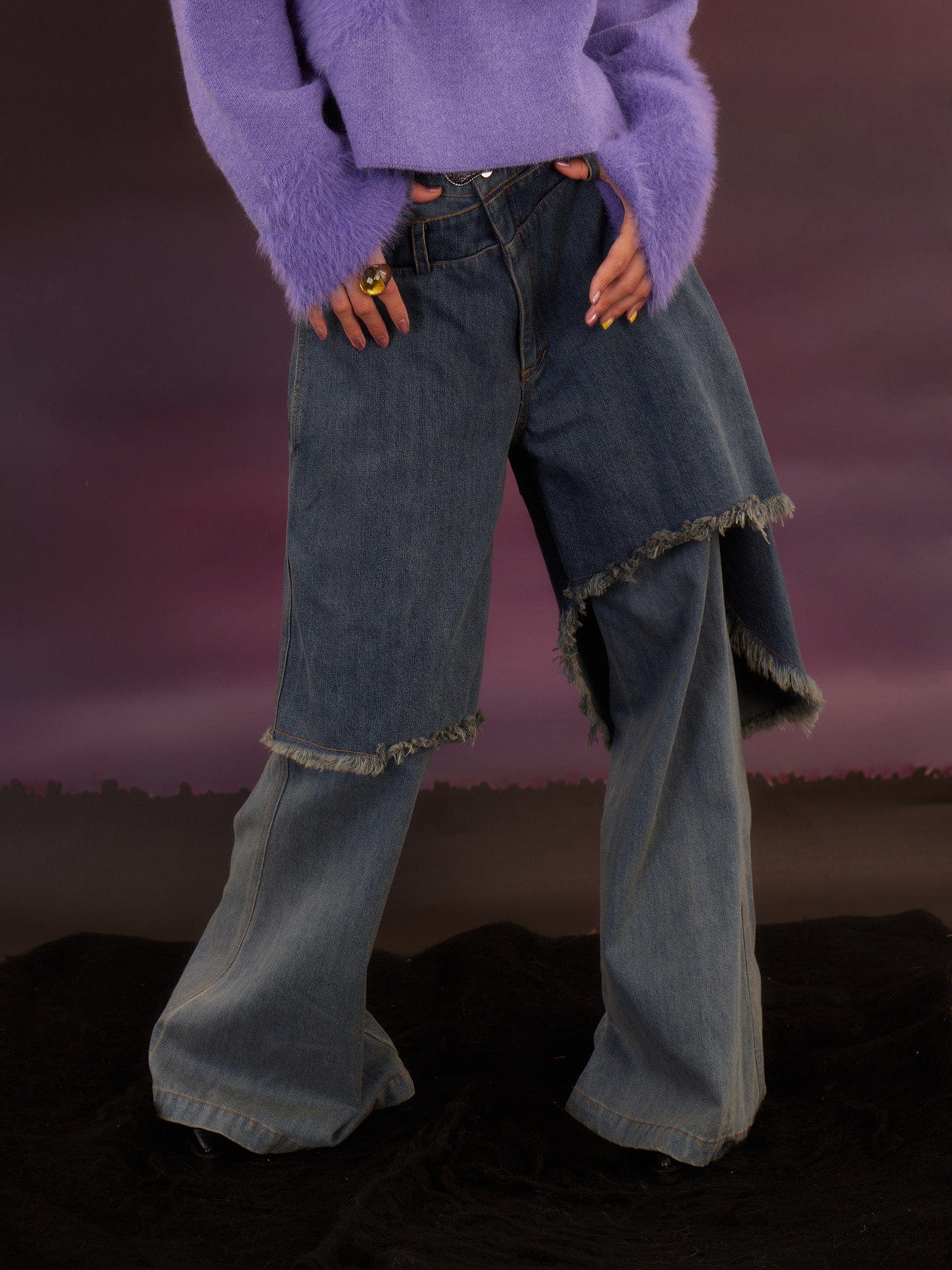 KADAKADA Raw Edge Double Layered Washed Flare Jeans, premium urban and streetwear designers apparel on PROJECTISR.com, KADAKADA