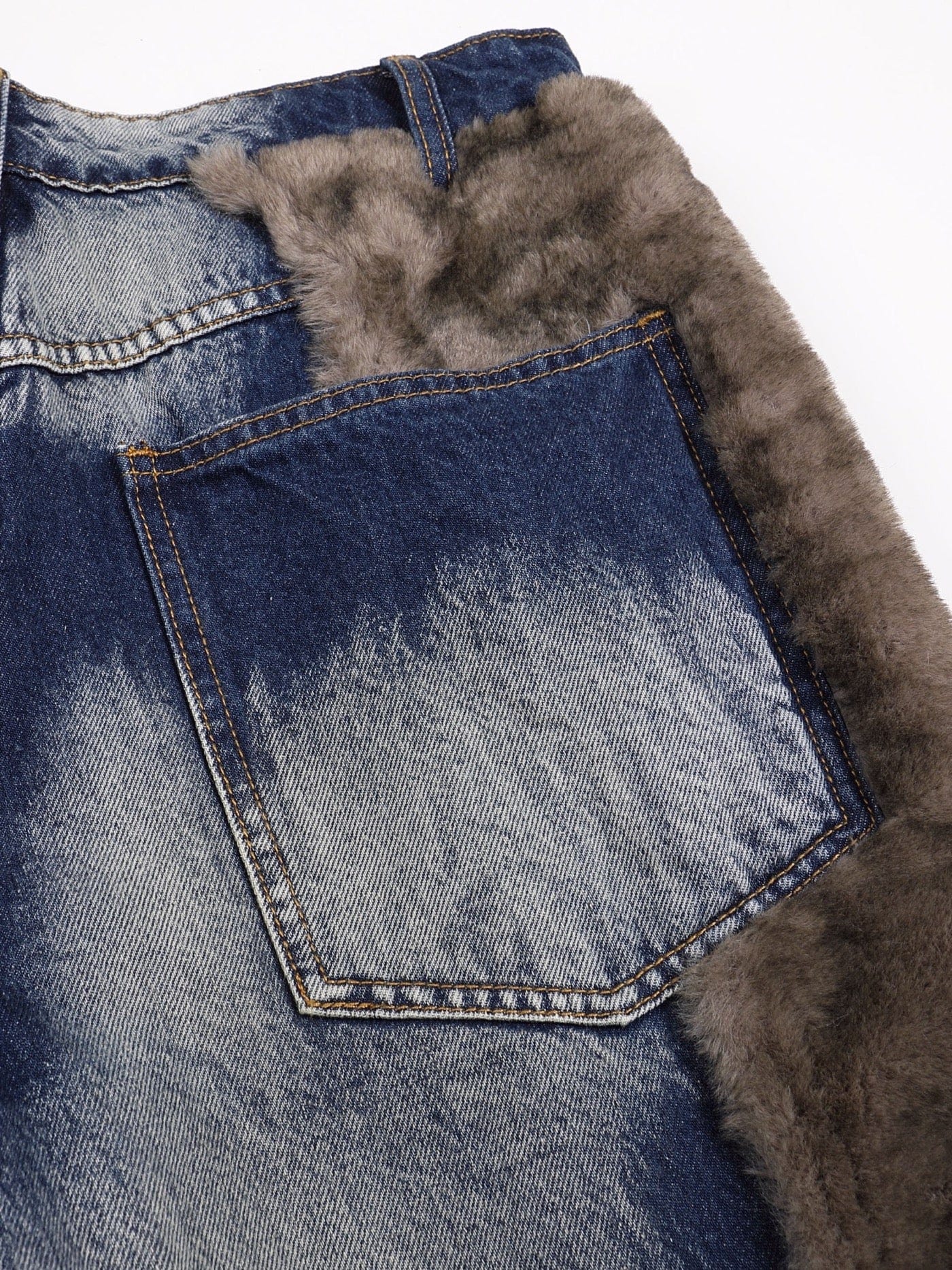 DND4DES Faux Fur Spliced Jeans, premium urban and streetwear designers apparel on PROJECTISR.com, DND4DES