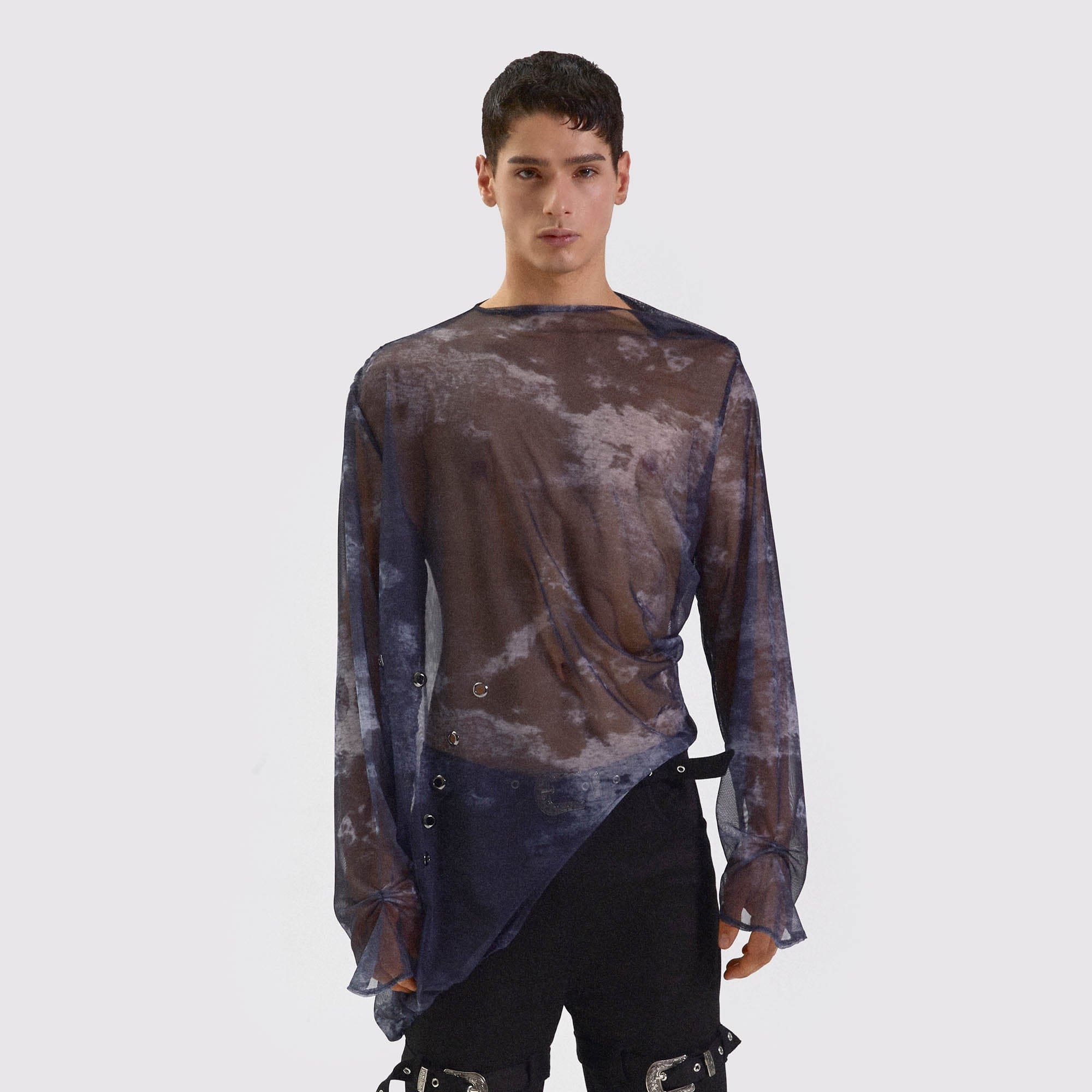 KADAKADA Tie-Dye Mesh Asymmetrical Sheer L/S Tee