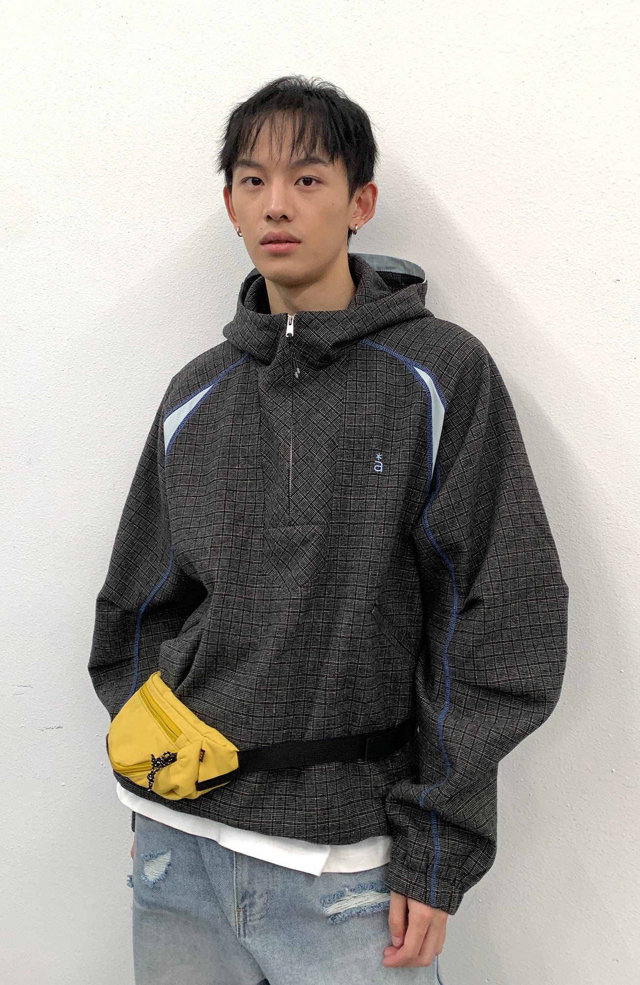 ROARINGWILD A ARCH Plaid Paneled Half-Zip Hooded Jacket