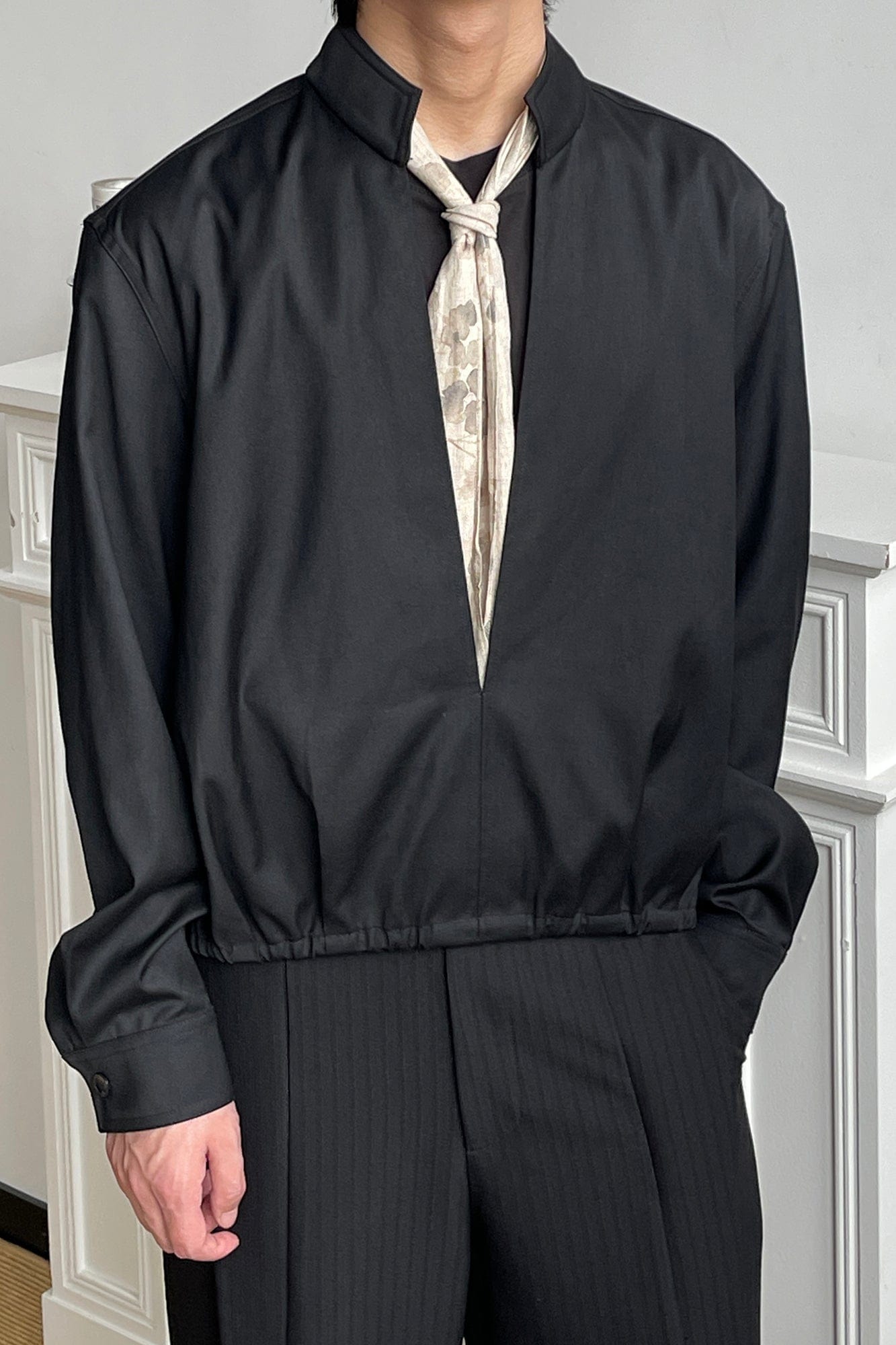 OKAYTHXBYE Multi-Wear Floral Scarf Mandarin Collar Shirt, premium urban and streetwear designers apparel on PROJECTISR.com, OKAYTHXBYE