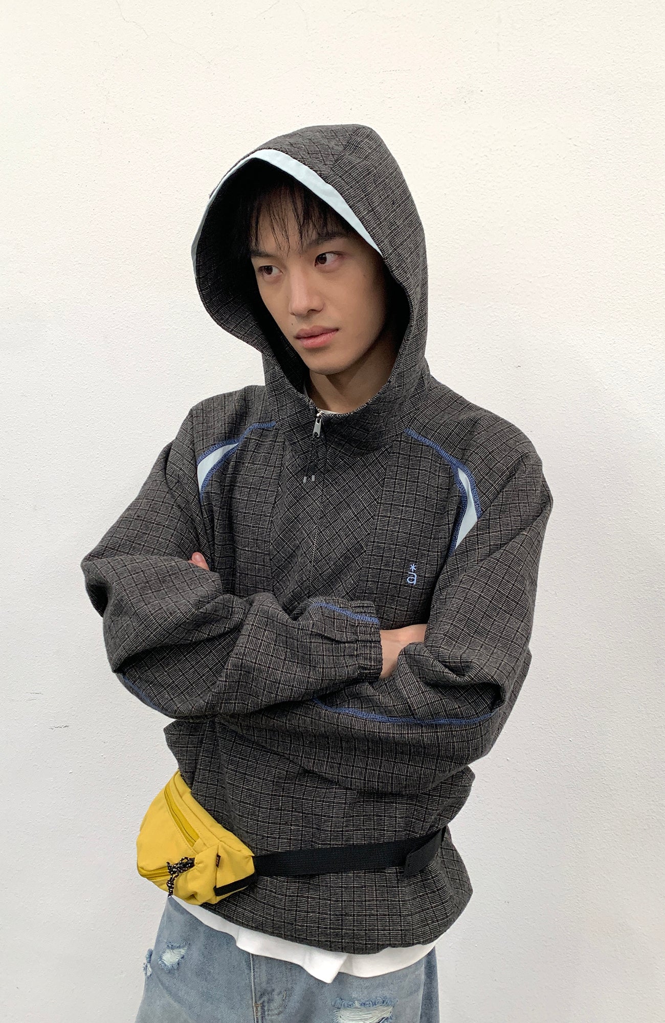 ROARINGWILD A ARCH Plaid Paneled Half-Zip Hooded Jacket