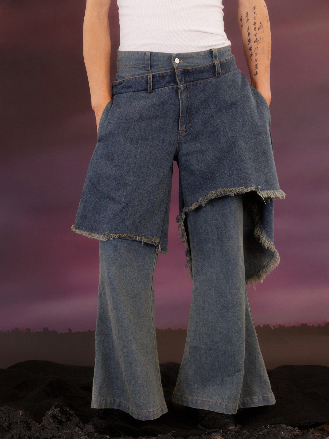KADAKADA Raw Edge Double Layered Washed Flare Jeans, premium urban and streetwear designers apparel on PROJECTISR.com, KADAKADA
