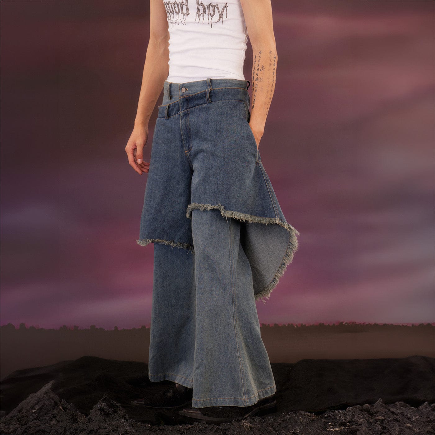 KADAKADA Raw Edge Double Layered Washed Flare Jeans, premium urban and streetwear designers apparel on PROJECTISR.com, KADAKADA