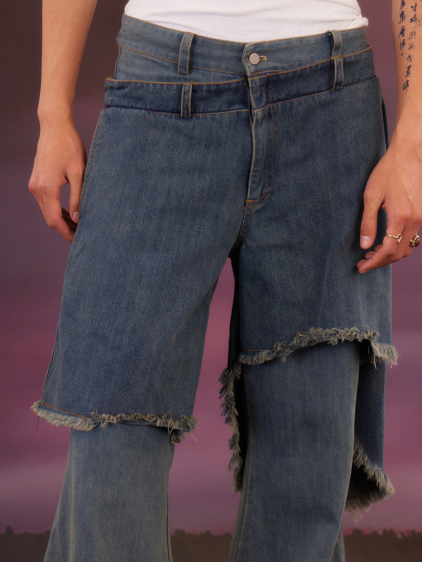 KADAKADA Raw Edge Double Layered Washed Flare Jeans, premium urban and streetwear designers apparel on PROJECTISR.com, KADAKADA