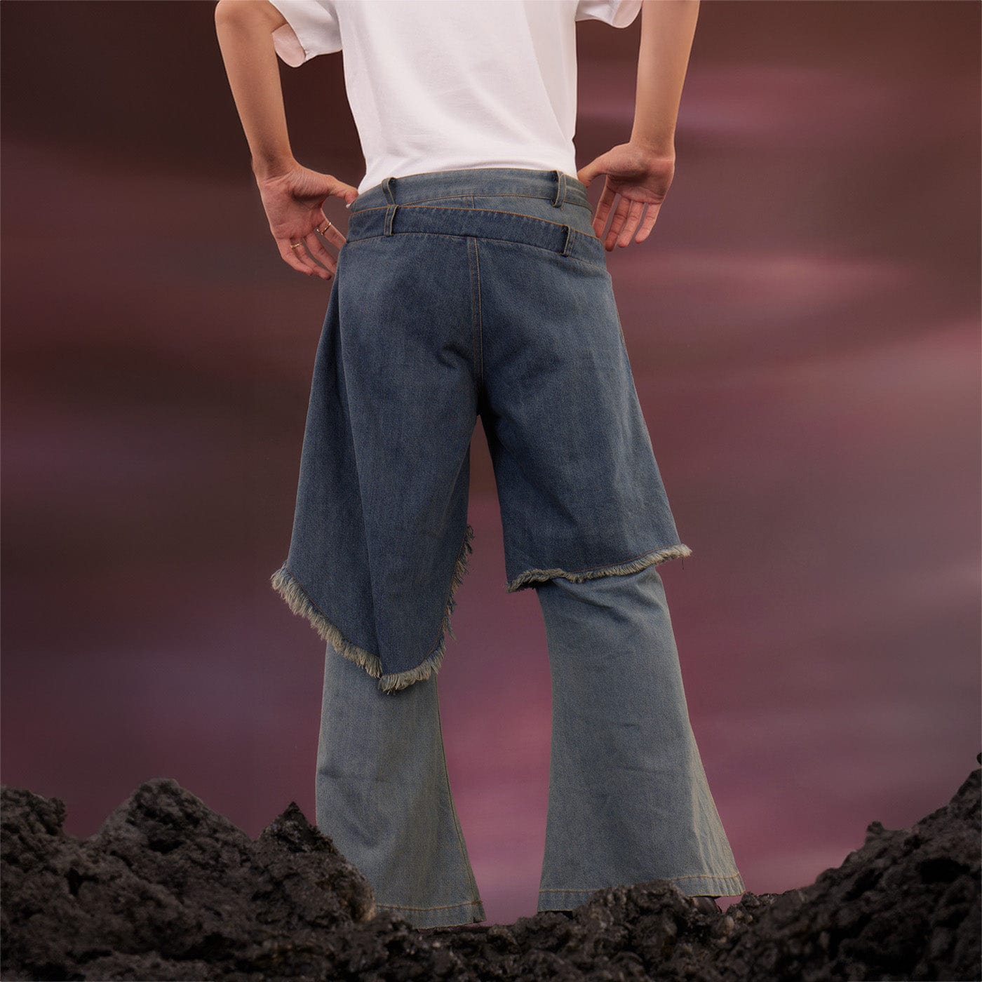 KADAKADA Raw Edge Double Layered Washed Flare Jeans, premium urban and streetwear designers apparel on PROJECTISR.com, KADAKADA